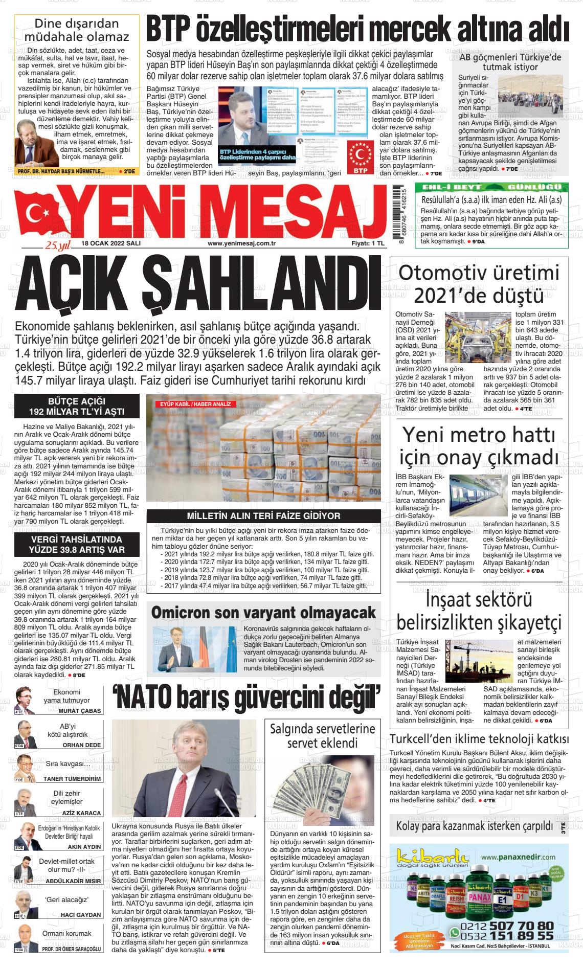 18 Ocak 2022 Yeni Mesaj Gazete Manşeti