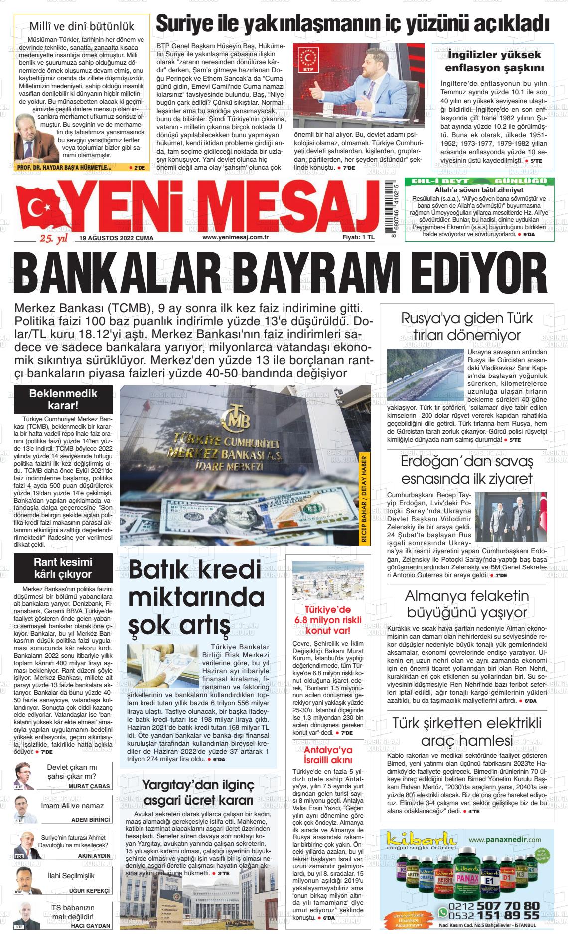 19 Ağustos 2022 Yeni Mesaj Gazete Manşeti