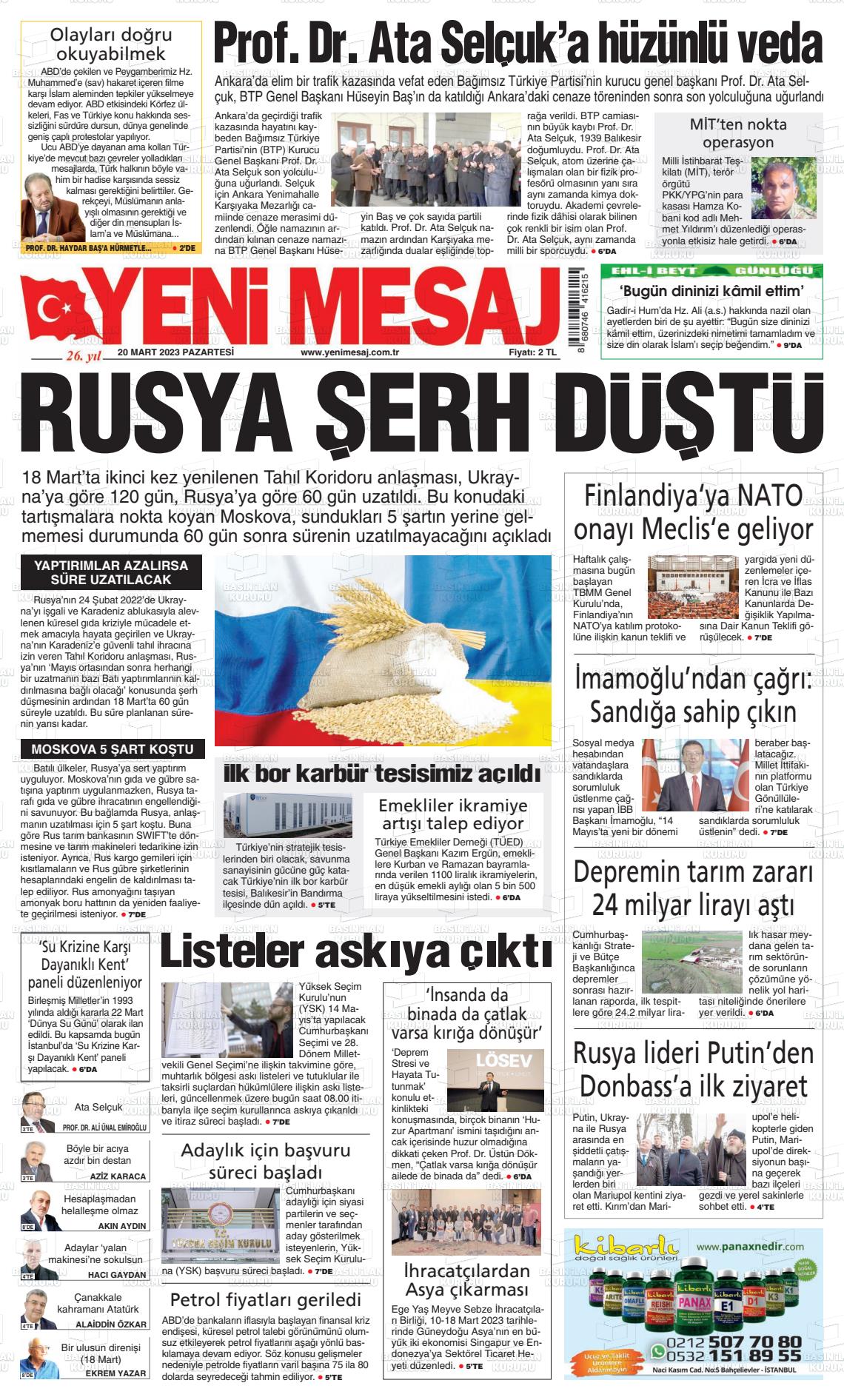 20 Mart 2023 Yeni Mesaj Gazete Manşeti