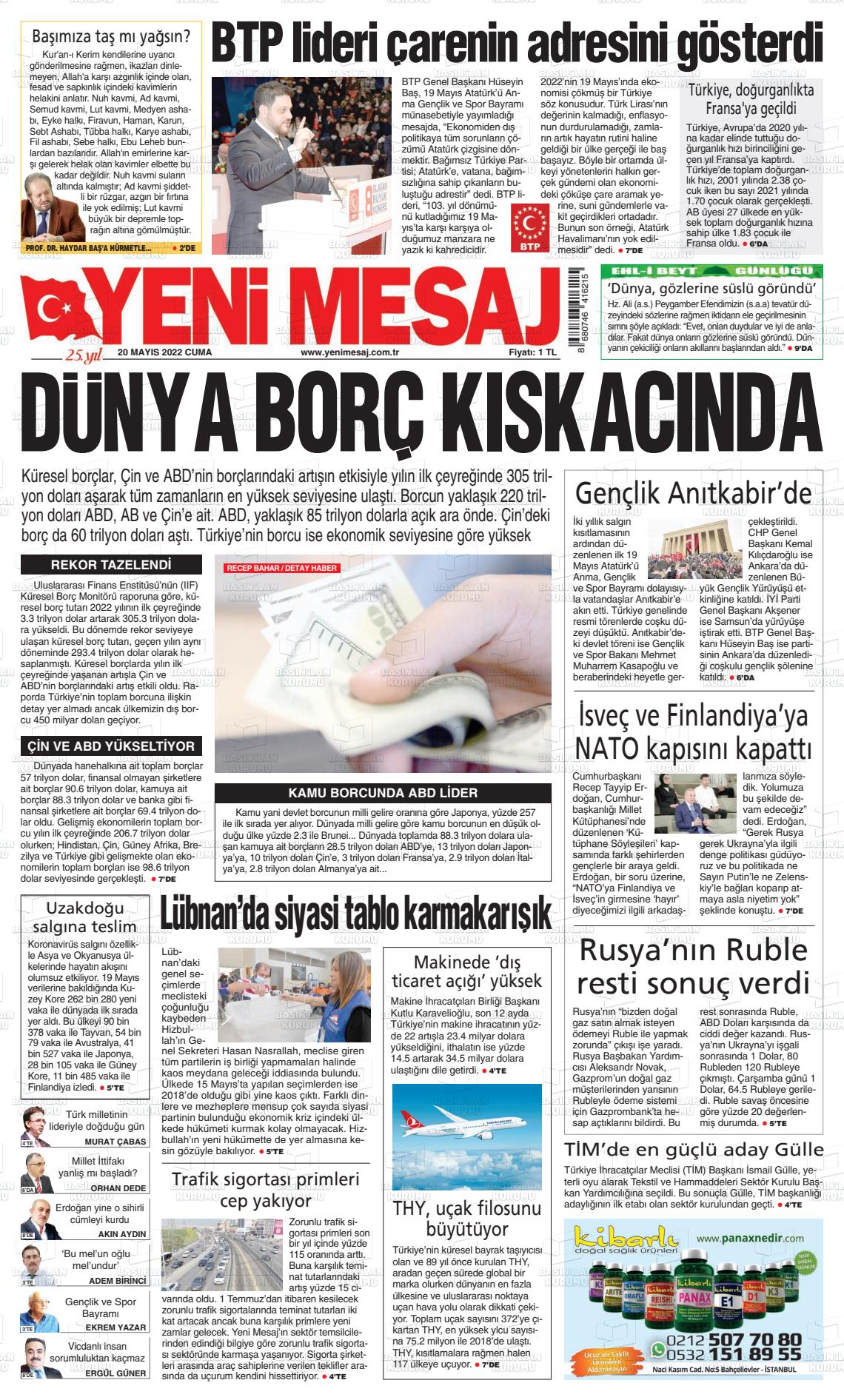 20 Mayıs 2022 Yeni Mesaj Gazete Manşeti