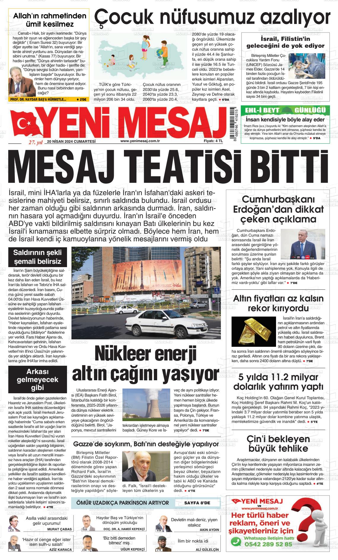 20 Nisan 2024 Yeni Mesaj Gazete Manşeti