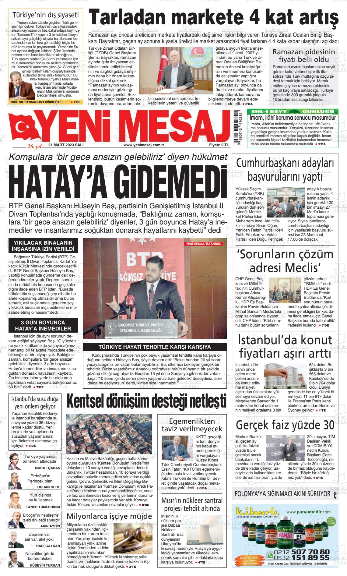 21 Mart 2023 Yeni Mesaj Gazete Manşeti