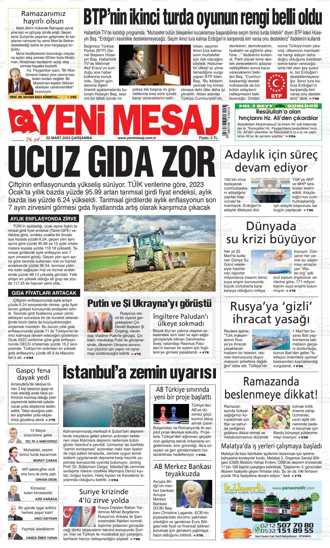 22 Mart 2023 Yeni Mesaj Gazete Manşeti