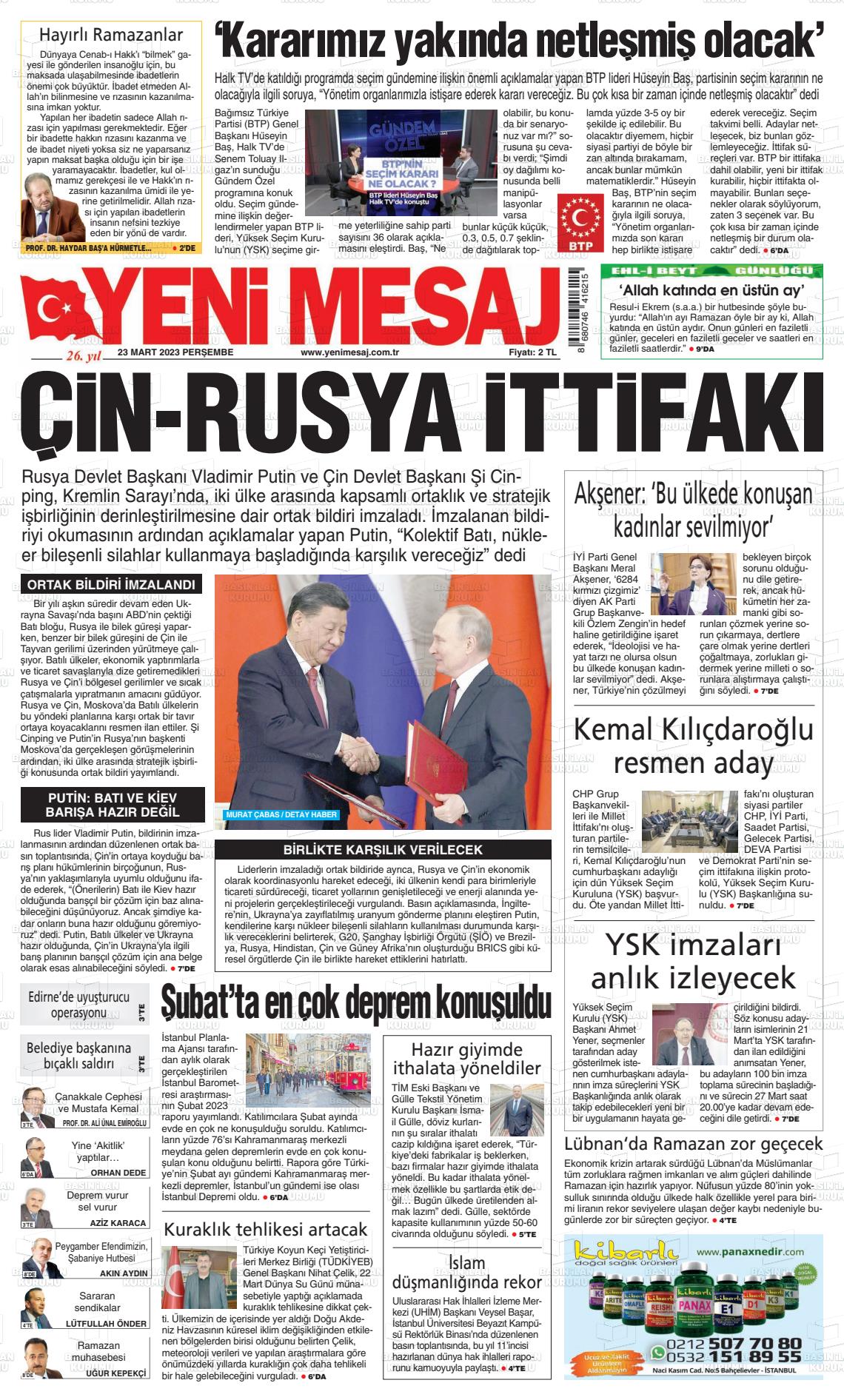 23 Mart 2023 Yeni Mesaj Gazete Manşeti