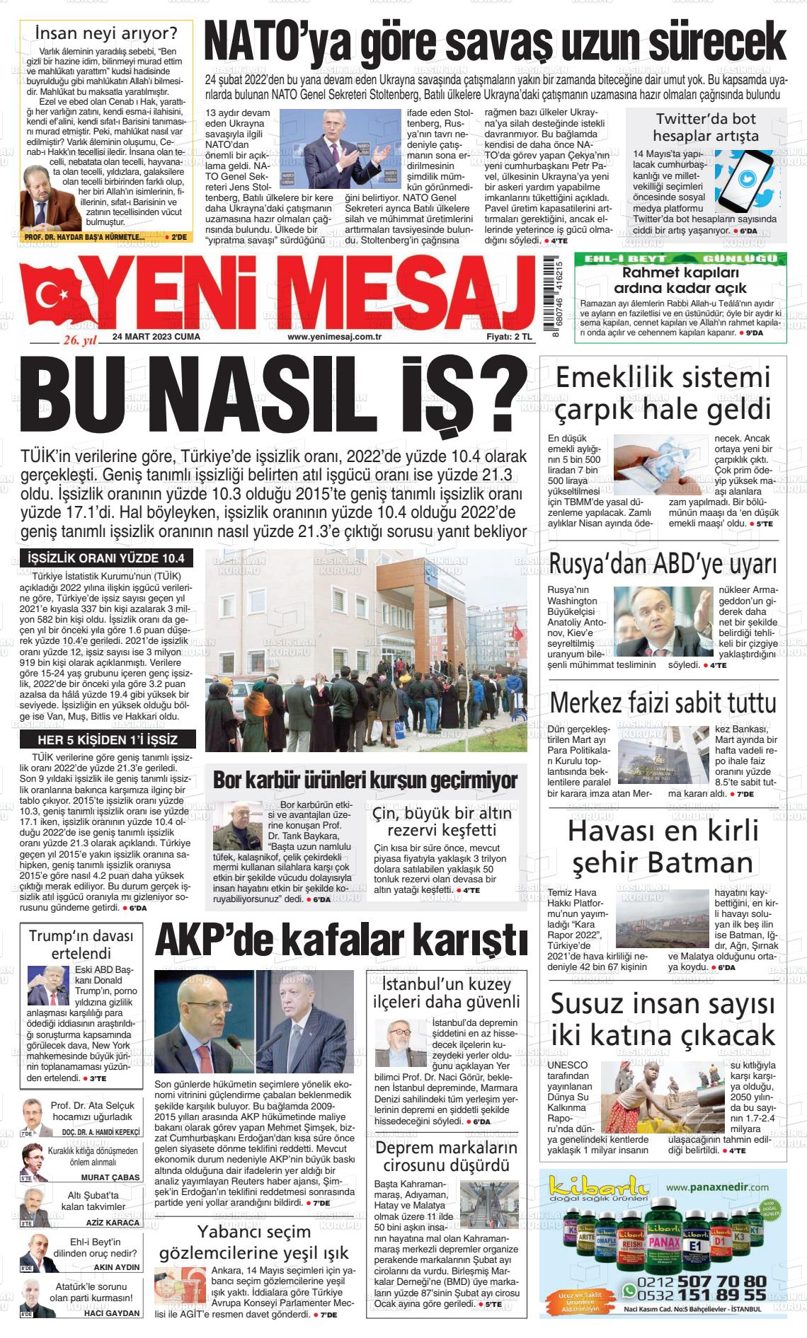 24 Mart 2023 Yeni Mesaj Gazete Manşeti