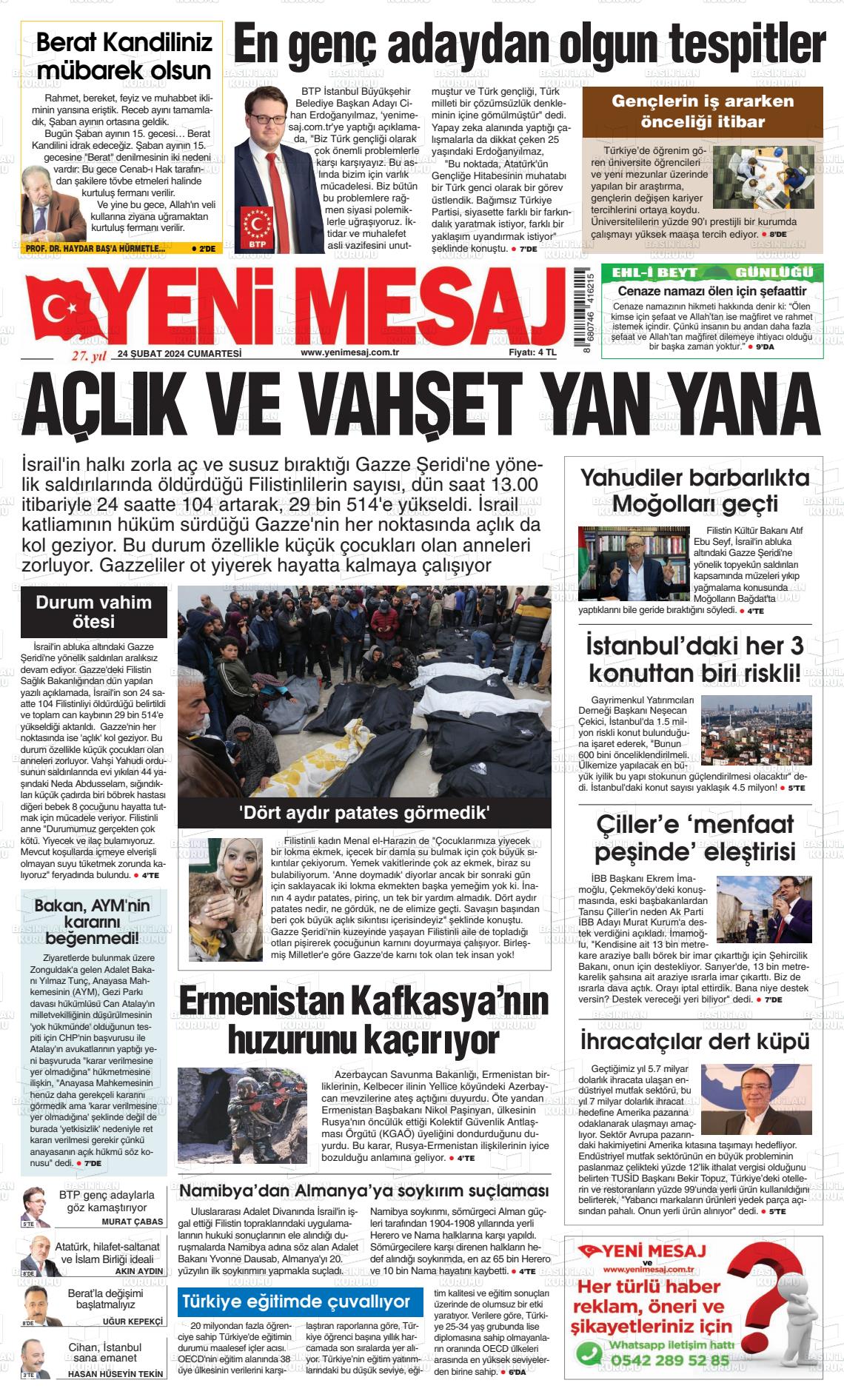 24 Şubat 2024 Yeni Mesaj Gazete Manşeti