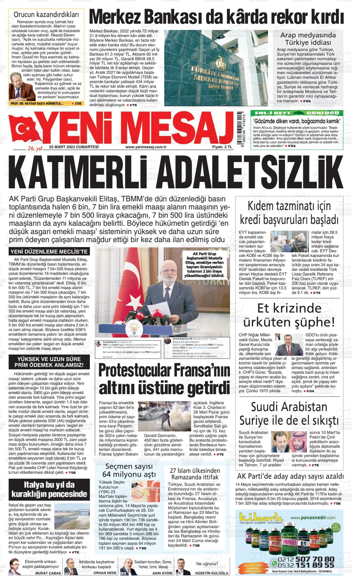 25 Mart 2023 Yeni Mesaj Gazete Manşeti