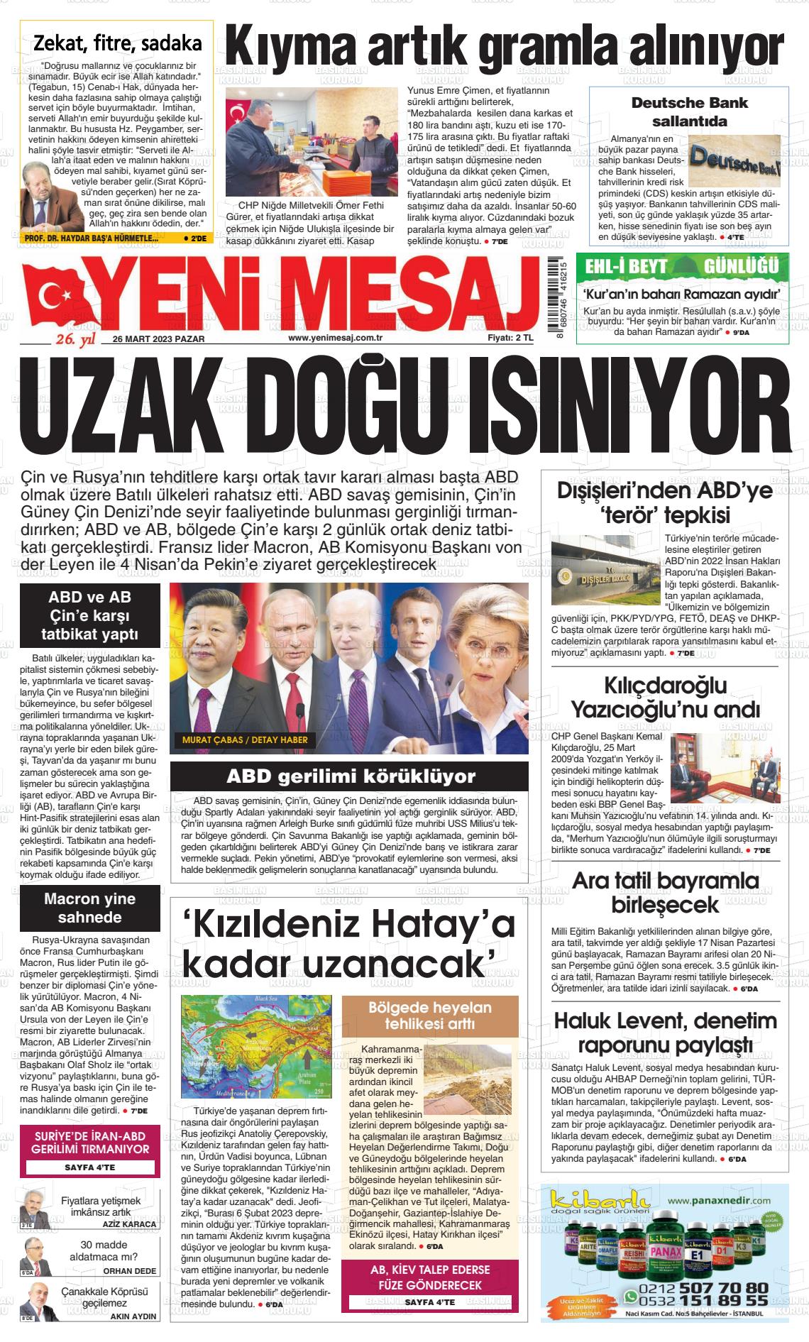 26 Mart 2023 Yeni Mesaj Gazete Manşeti