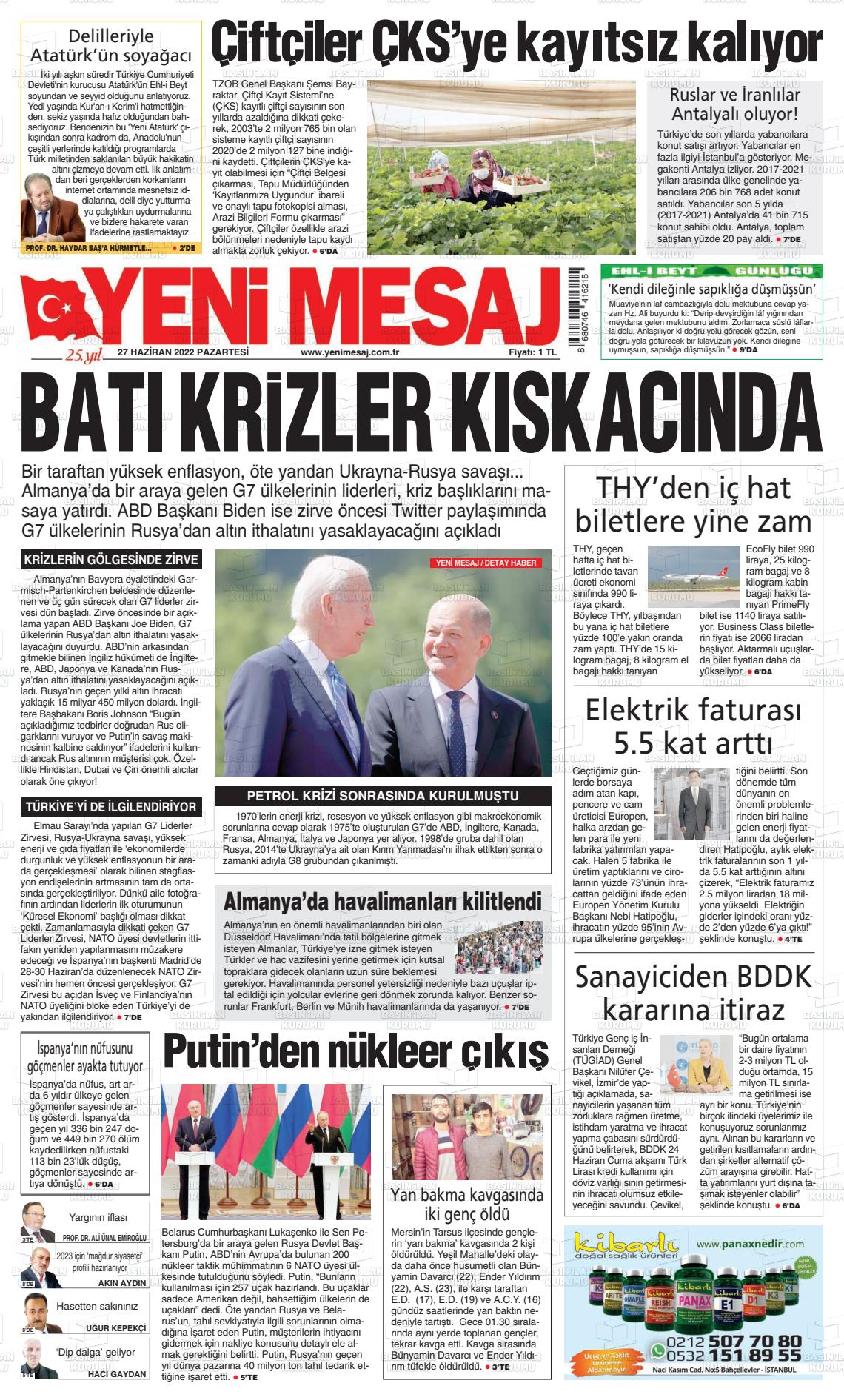 27 Haziran 2022 Yeni Mesaj Gazete Manşeti
