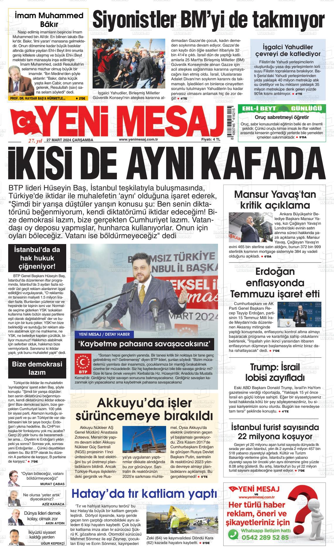 27 Mart 2024 Yeni Mesaj Gazete Manşeti