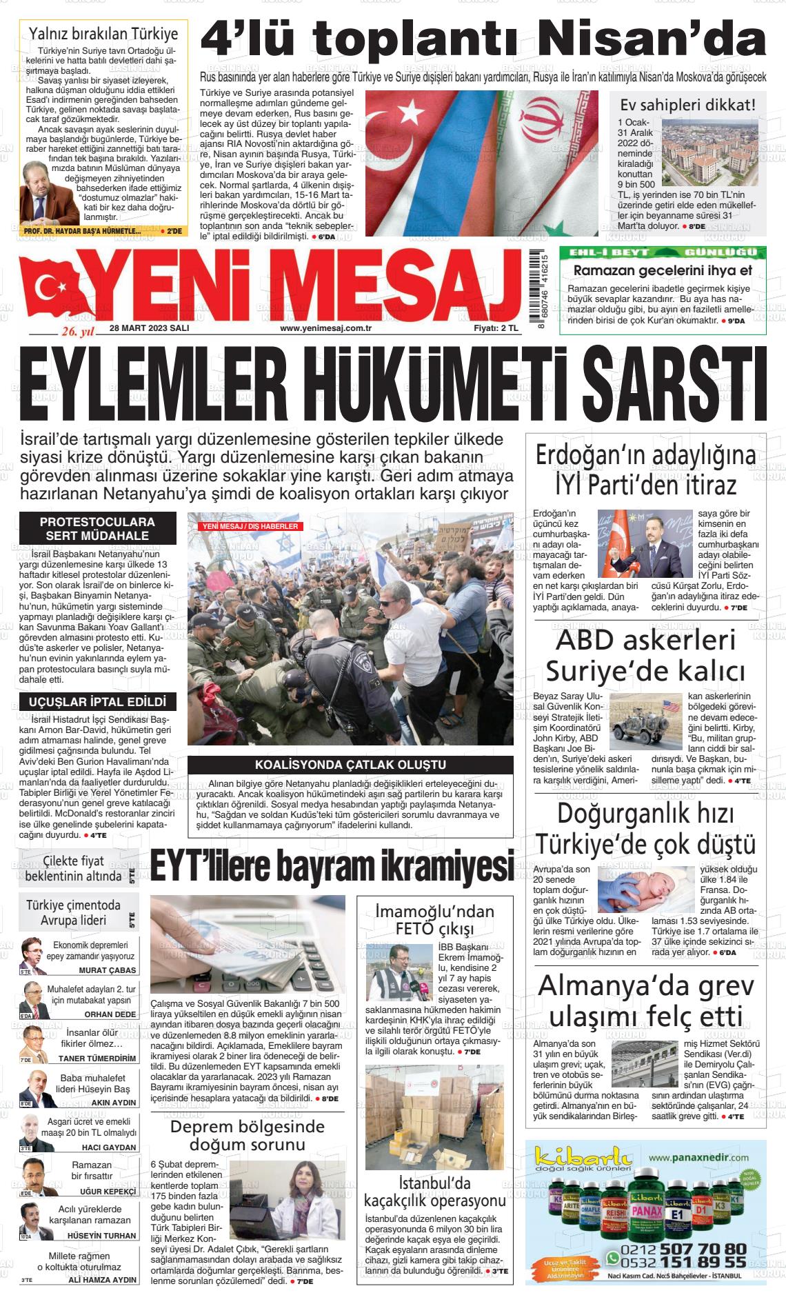 28 Mart 2023 Yeni Mesaj Gazete Manşeti