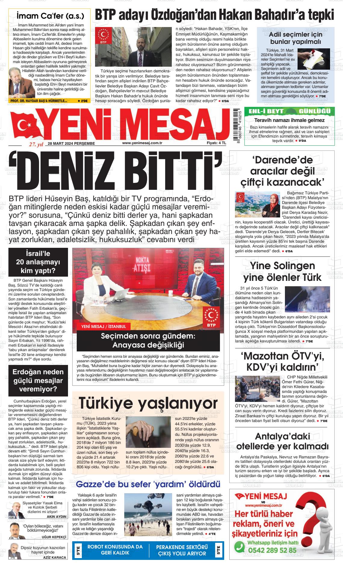 28 Mart 2024 Yeni Mesaj Gazete Manşeti