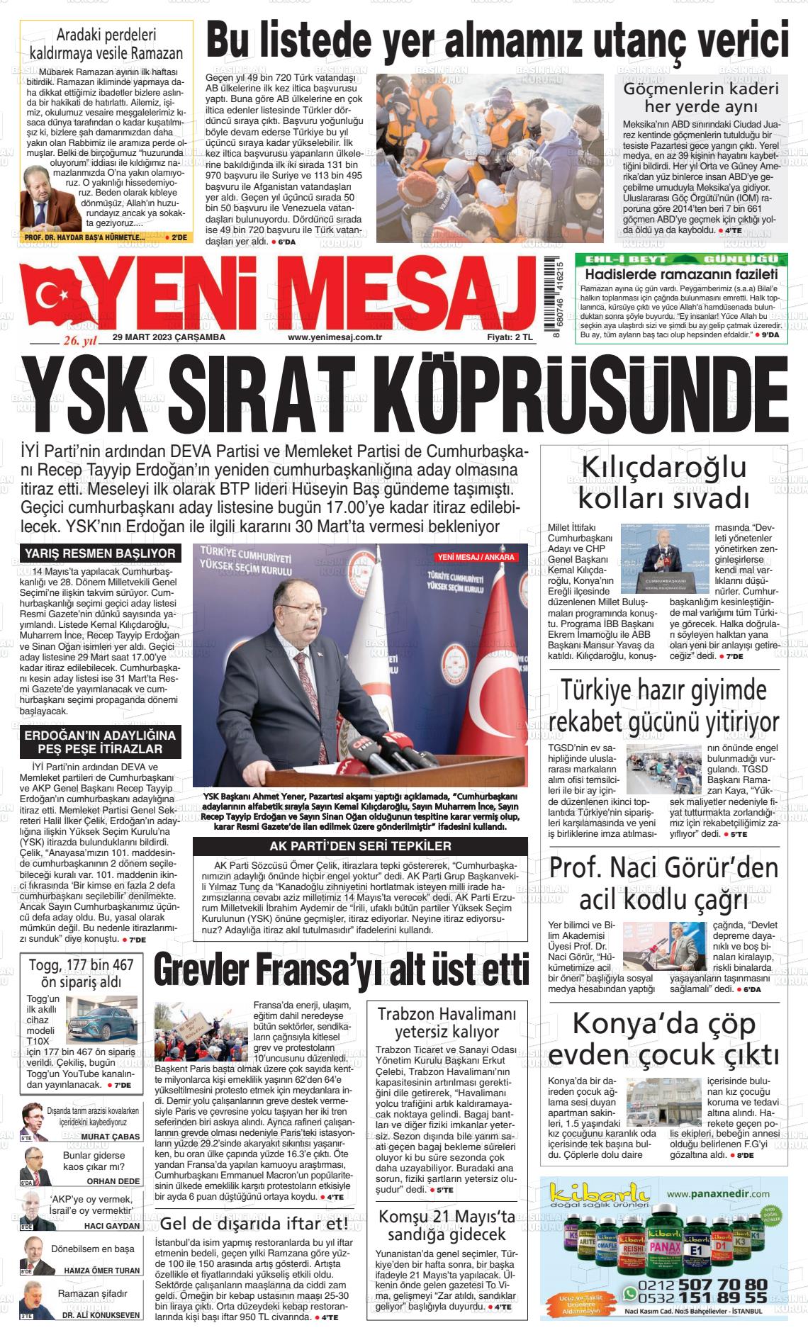 29 Mart 2023 Yeni Mesaj Gazete Manşeti