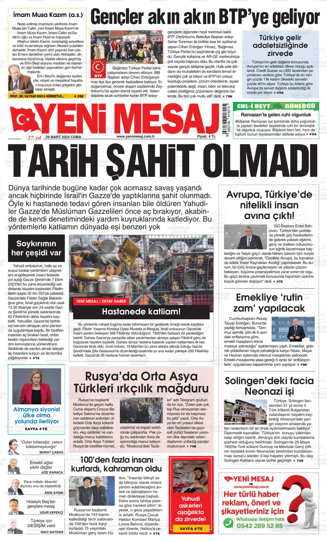 29 Mart 2024 Yeni Mesaj Gazete Manşeti