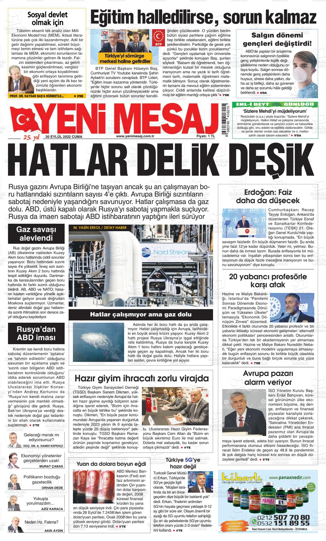30 Eylül 2022 Yeni Mesaj Gazete Manşeti