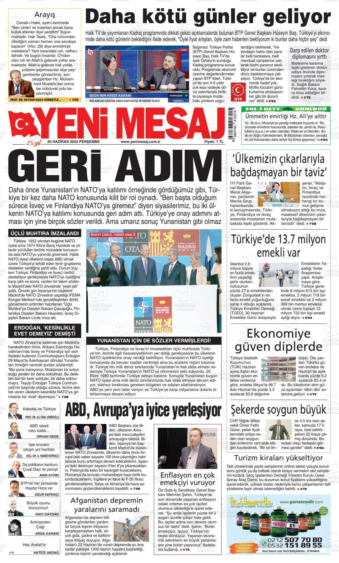 30 Haziran 2022 Yeni Mesaj Gazete Manşeti