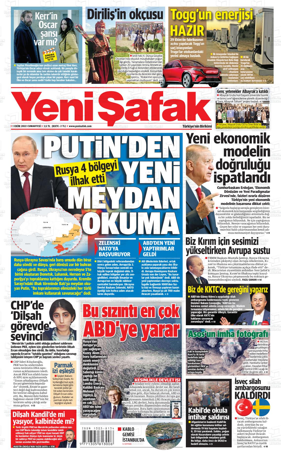 01 Ekim 2022 Yeni Şafak Gazete Manşeti