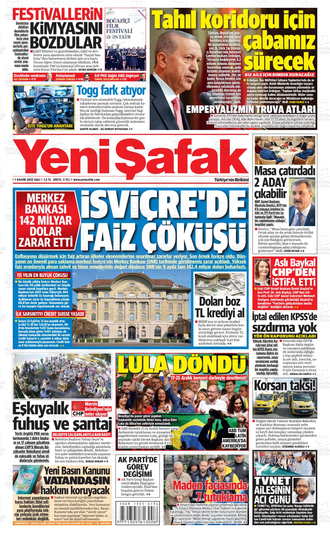 01 Kasım 2022 Yeni Şafak Gazete Manşeti