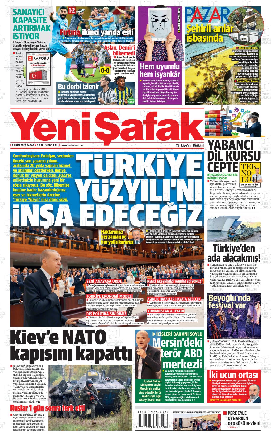 02 Ekim 2022 Yeni Şafak Gazete Manşeti