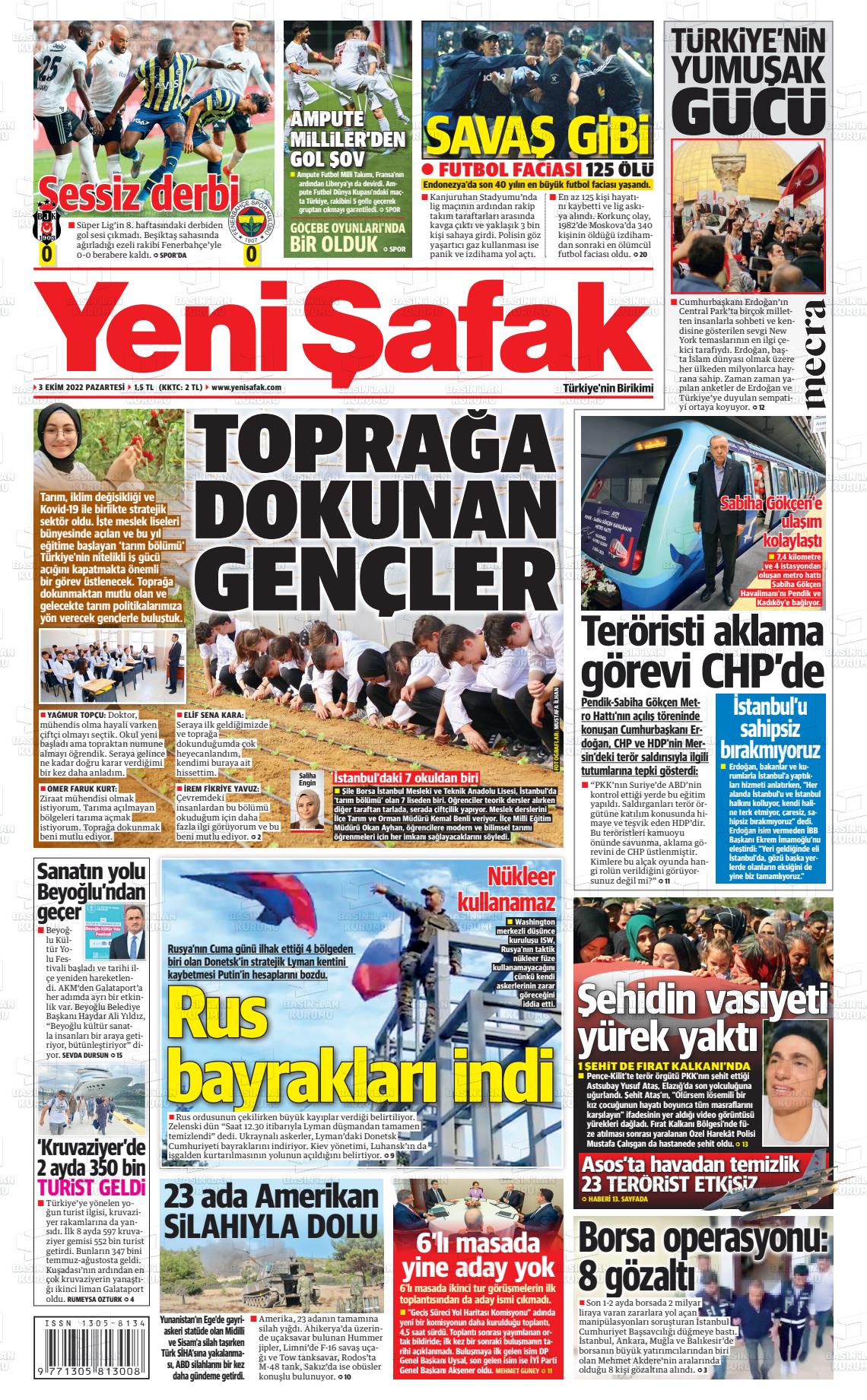 03 Ekim 2022 Yeni Şafak Gazete Manşeti