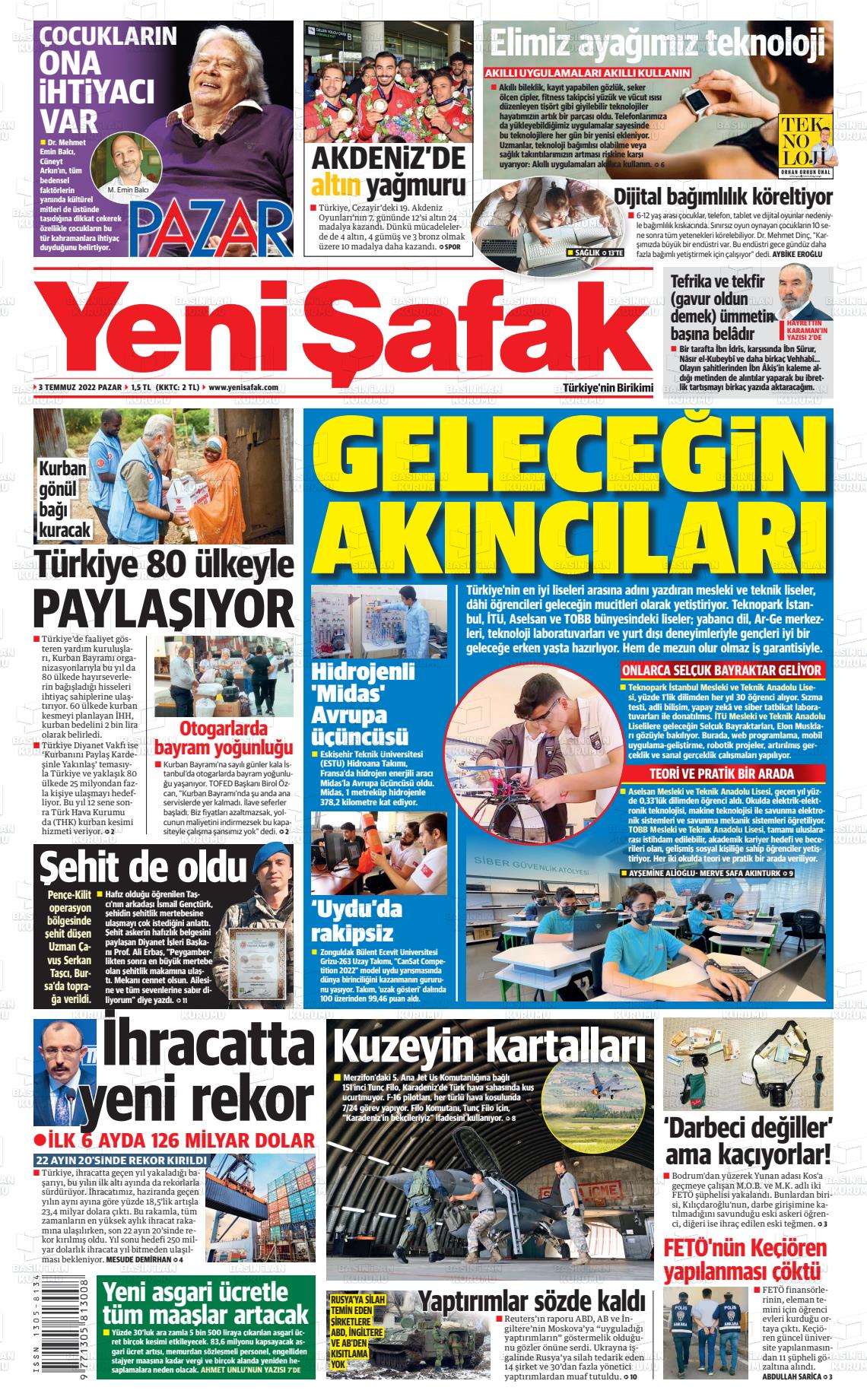 03 Temmuz 2022 Yeni Şafak Gazete Manşeti