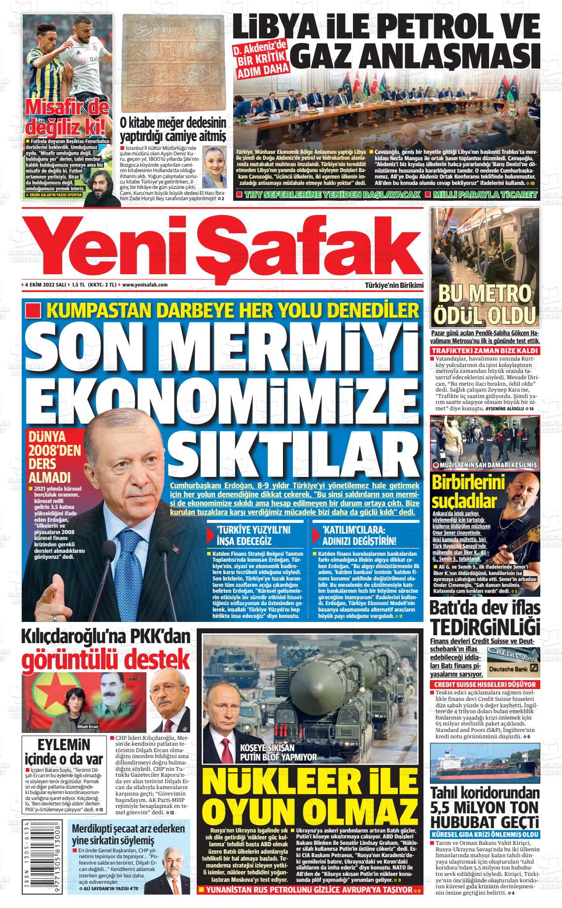 04 Ekim 2022 Yeni Şafak Gazete Manşeti