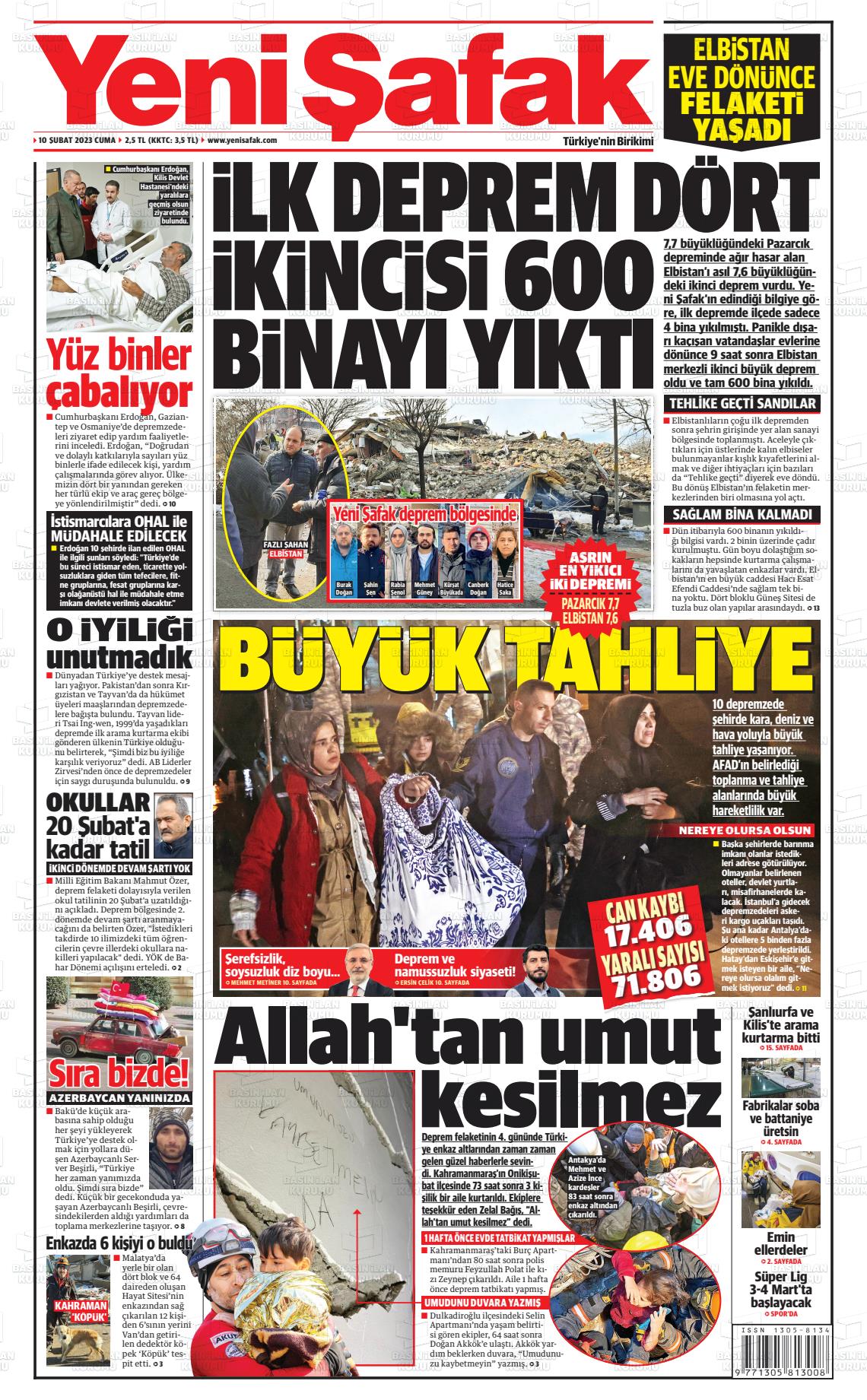 10 Şubat 2023 Yeni Şafak Gazete Manşeti