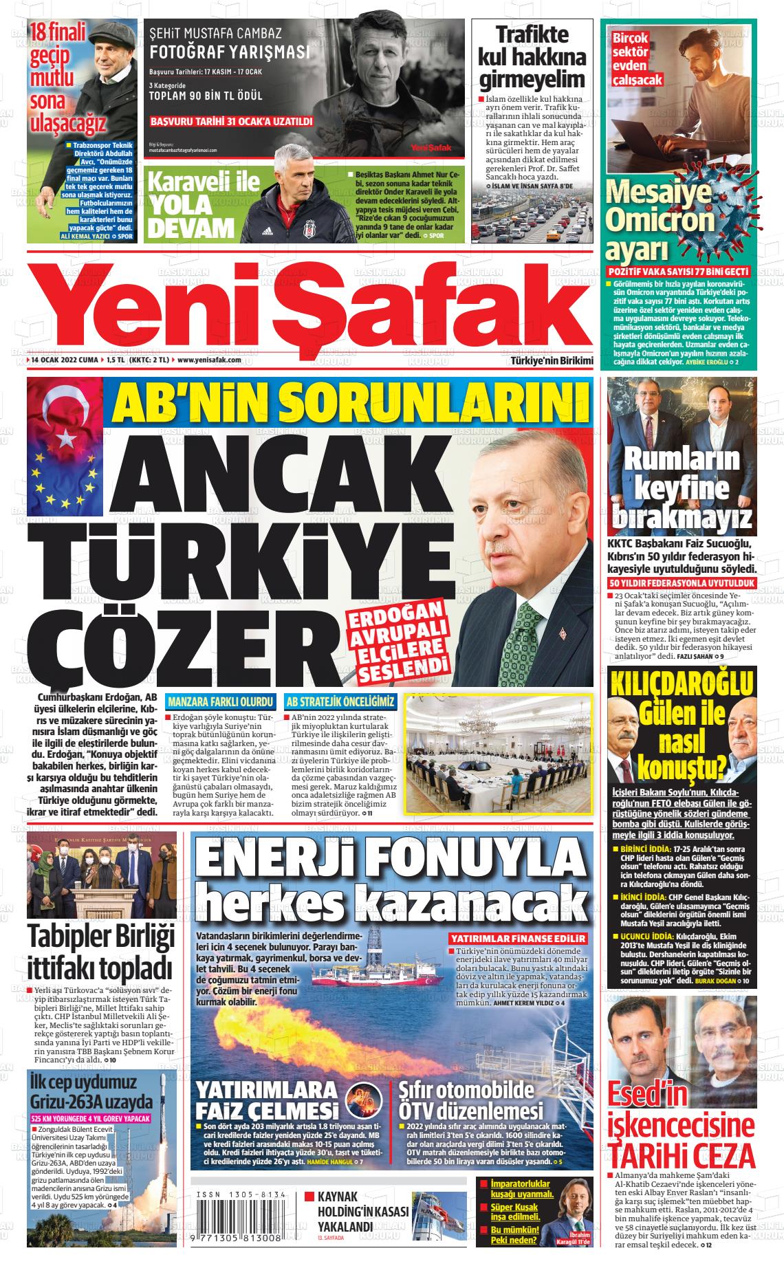 14 Ocak 2022 Yeni Şafak Gazete Manşeti