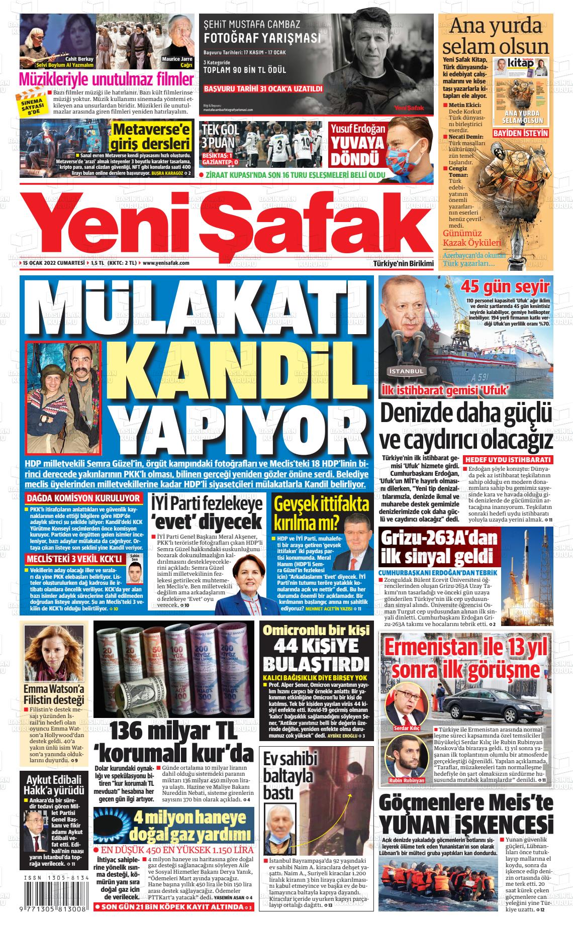 15 Ocak 2022 Yeni Şafak Gazete Manşeti