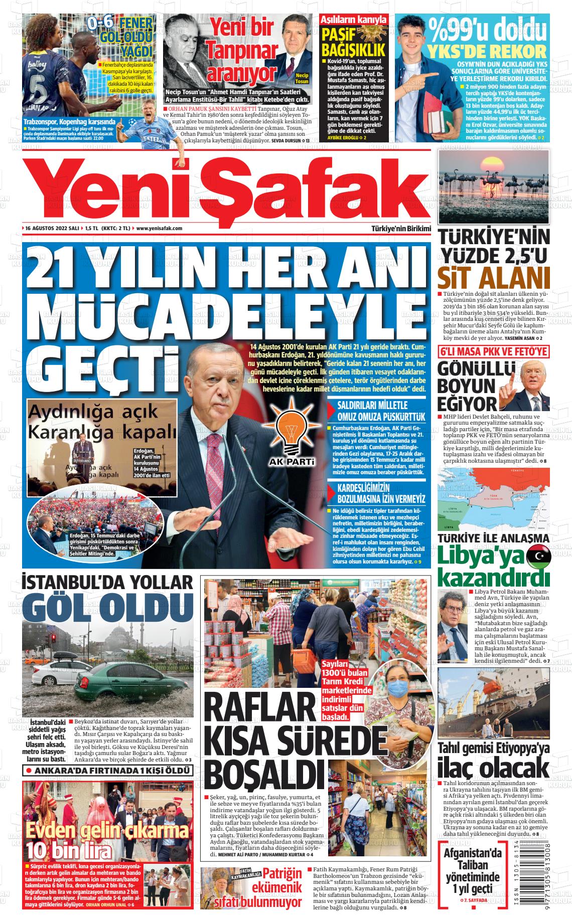 16 Ağustos 2022 Yeni Şafak Gazete Manşeti