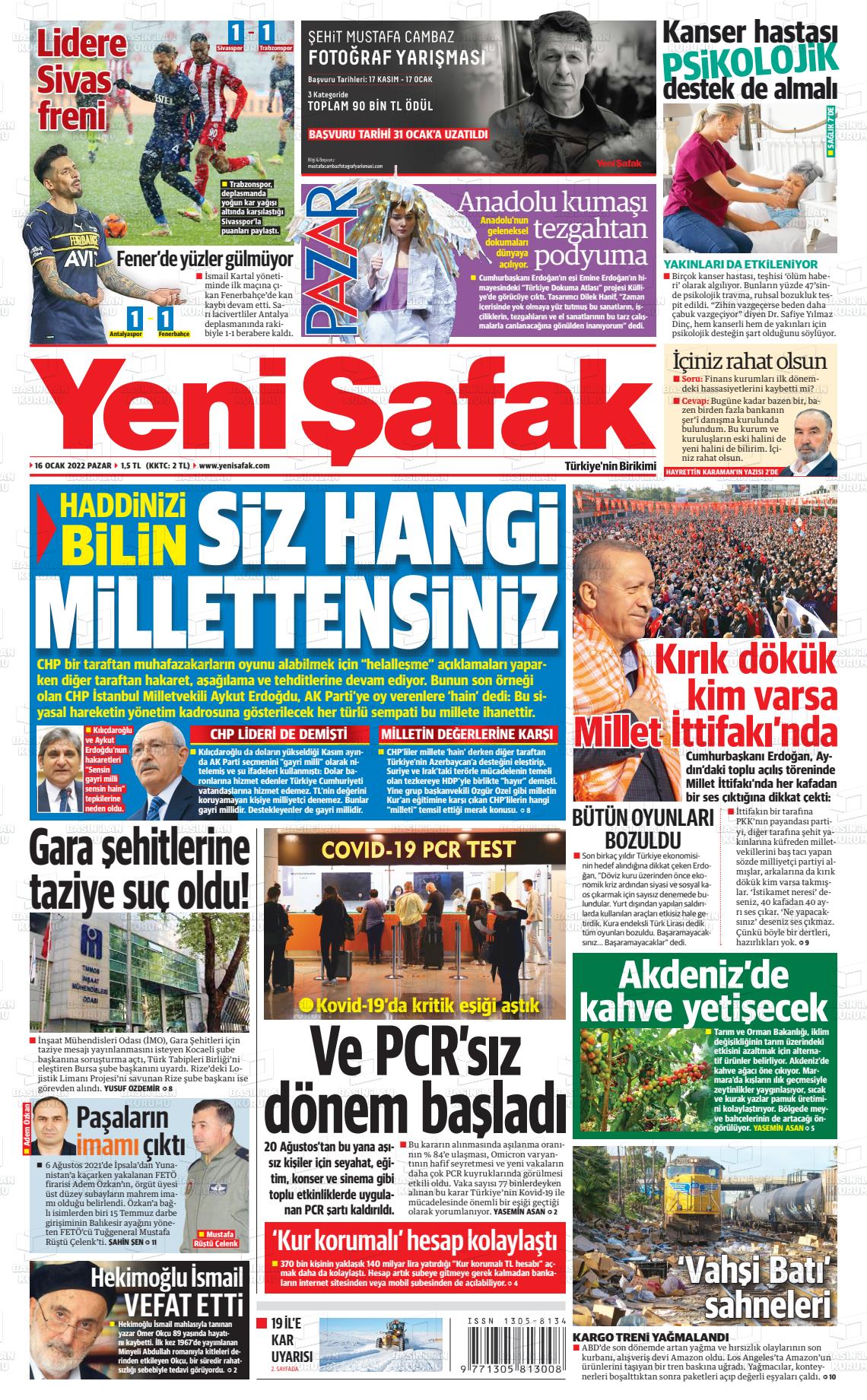 16 Ocak 2022 Yeni Şafak Gazete Manşeti