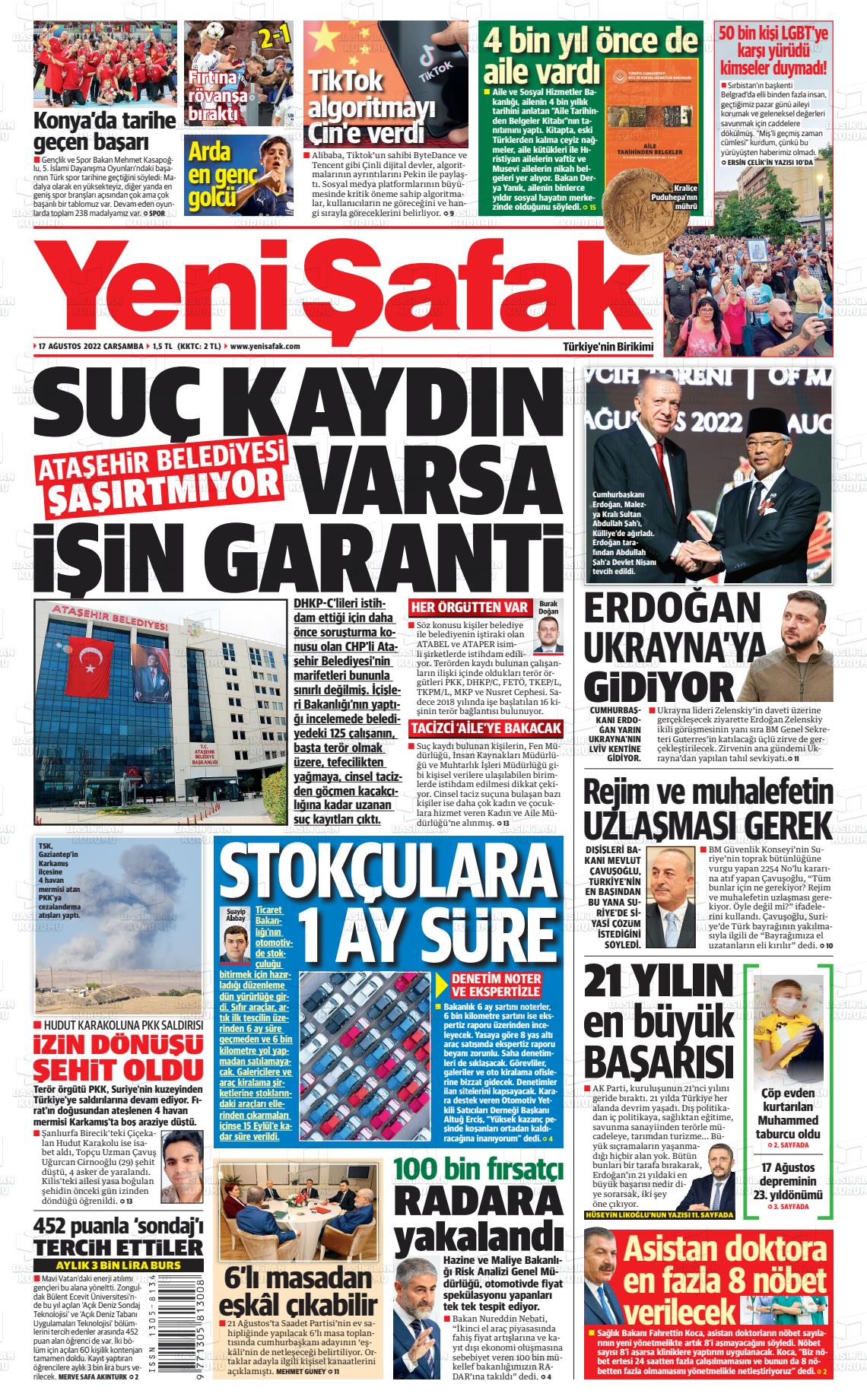 17 Ağustos 2022 Yeni Şafak Gazete Manşeti