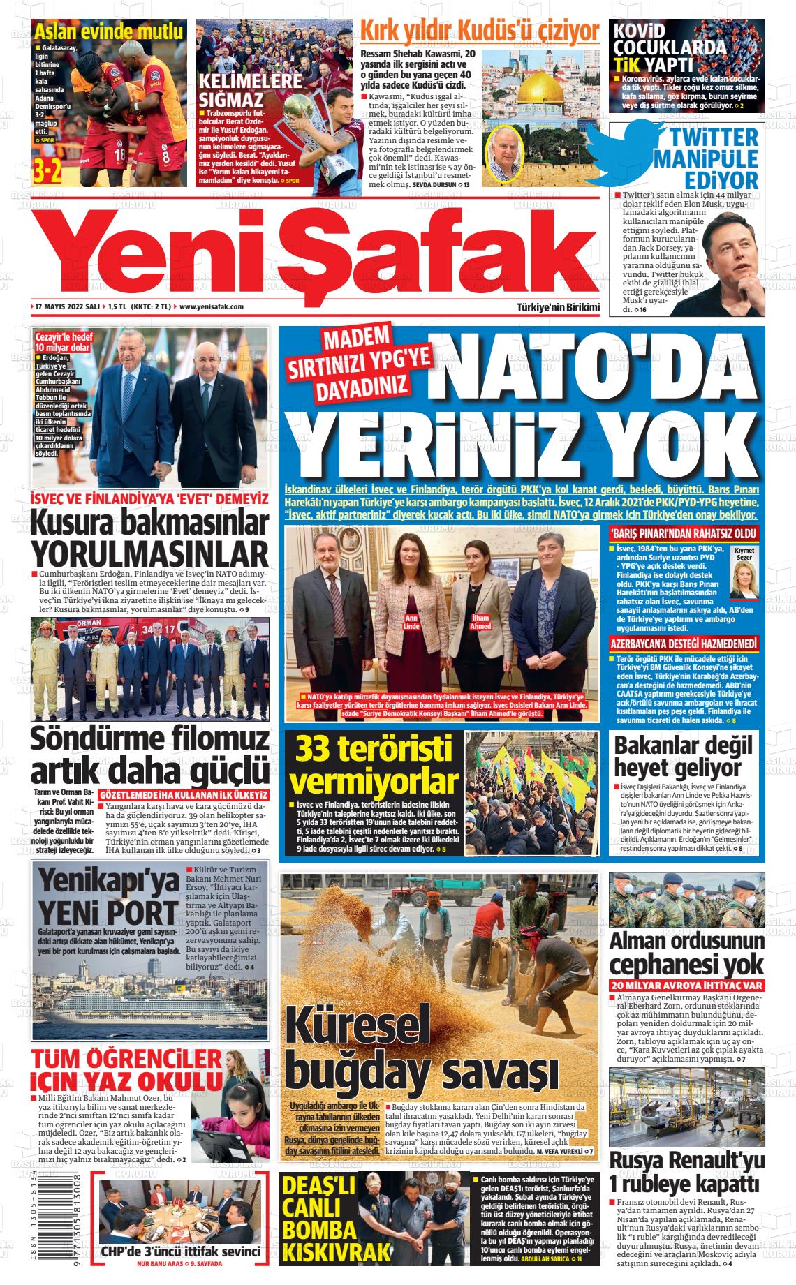 17 Mayıs 2022 Yeni Şafak Gazete Manşeti