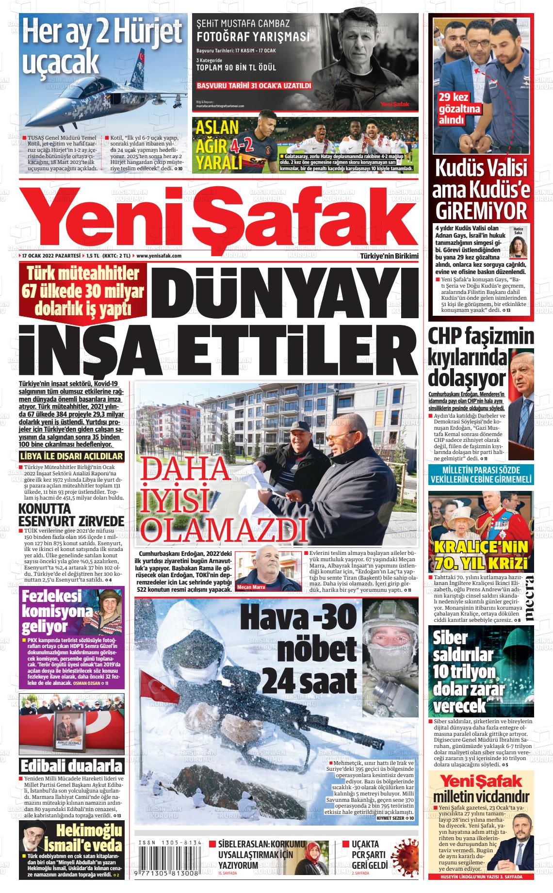 17 Ocak 2022 Yeni Şafak Gazete Manşeti