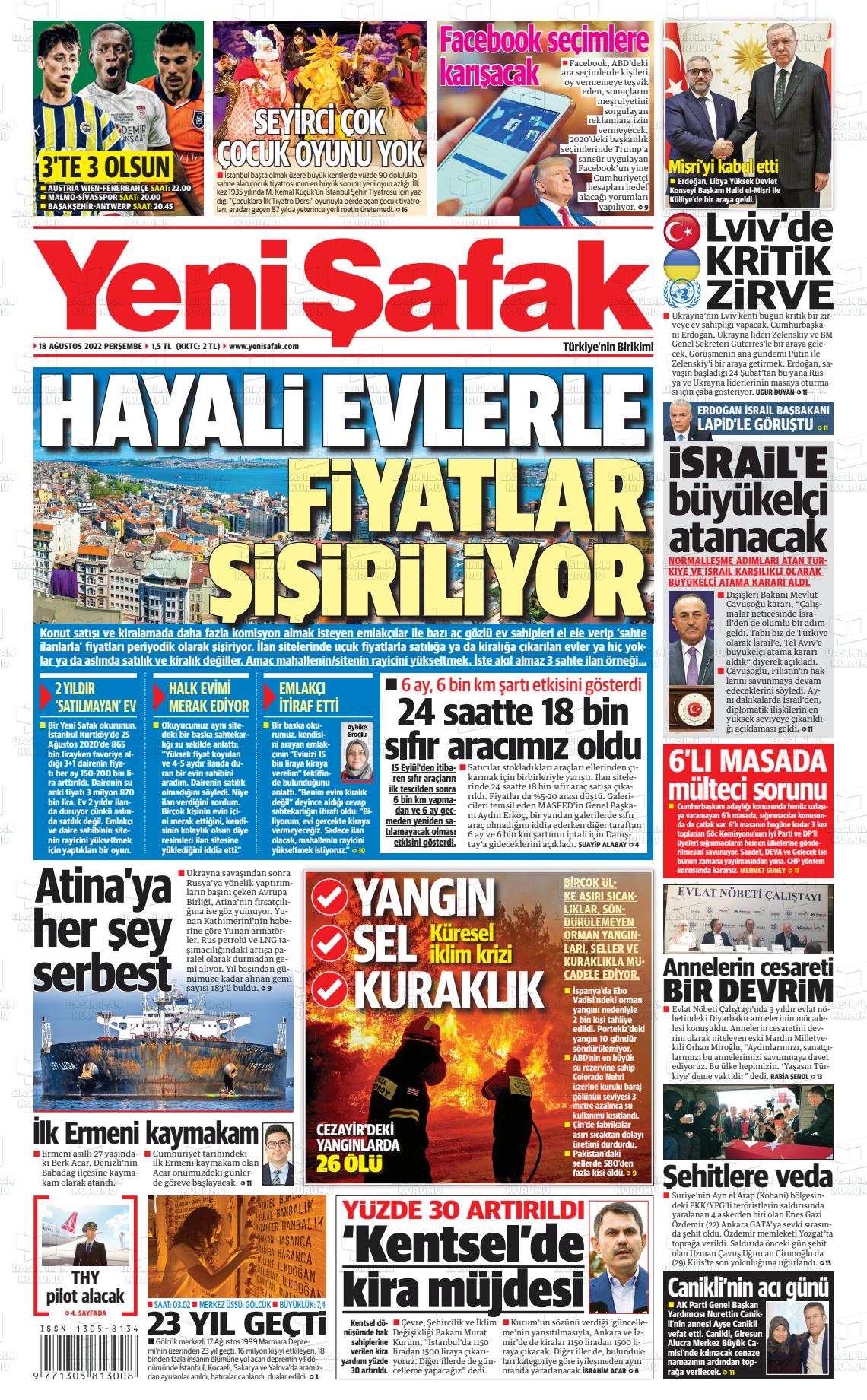18 Ağustos 2022 Yeni Şafak Gazete Manşeti