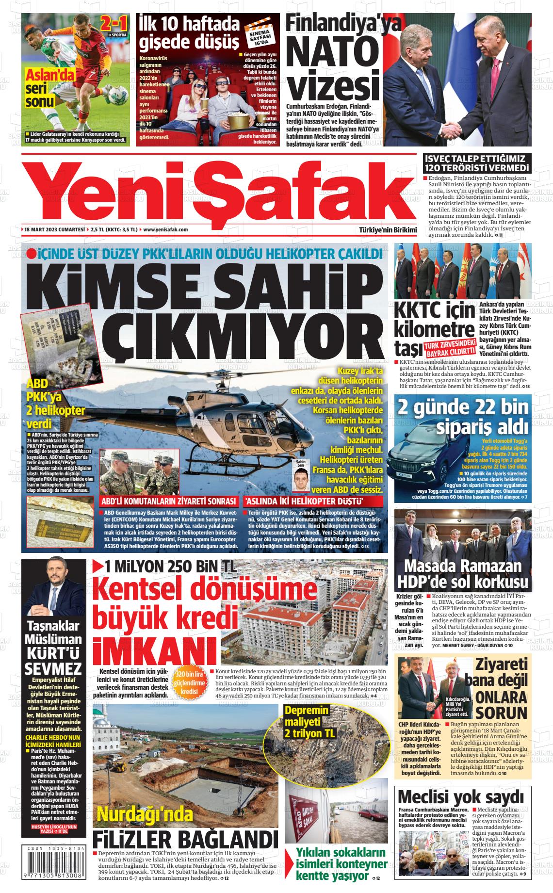 18 Mart 2023 Yeni Şafak Gazete Manşeti