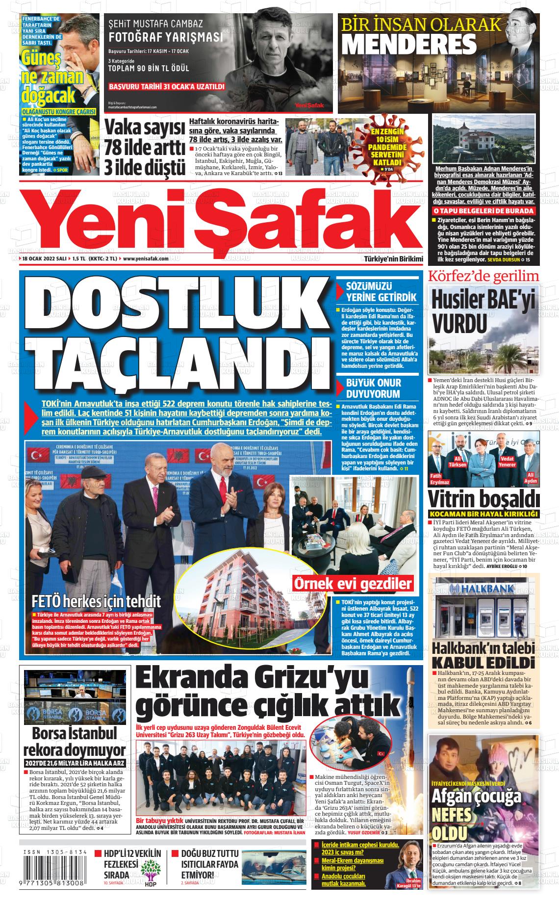 18 Ocak 2022 Yeni Şafak Gazete Manşeti
