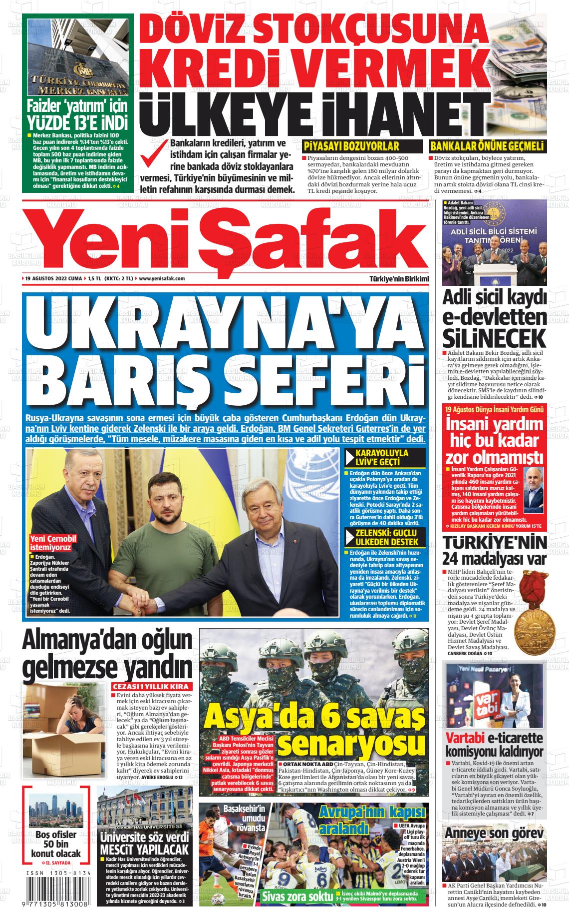 19 Ağustos 2022 Yeni Şafak Gazete Manşeti