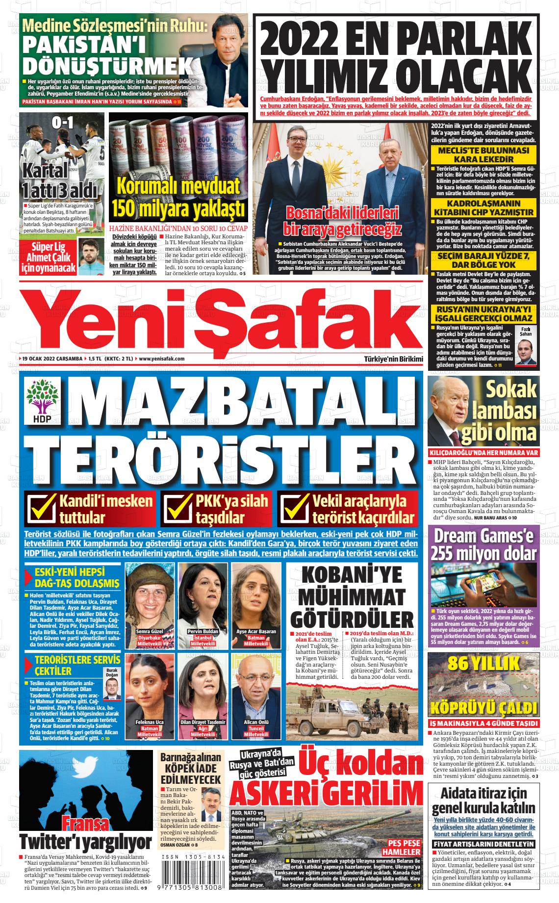 19 Ocak 2022 Yeni Şafak Gazete Manşeti