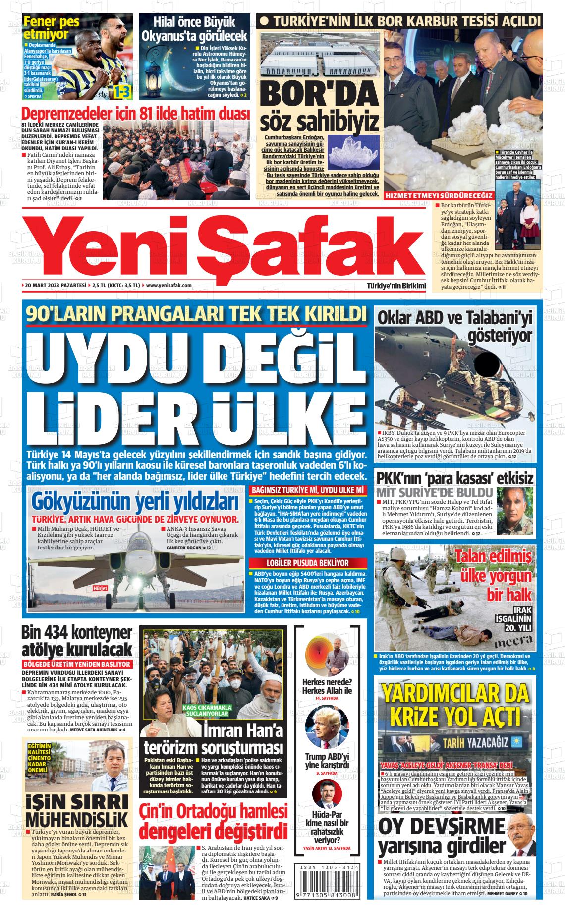20 Mart 2023 Yeni Şafak Gazete Manşeti