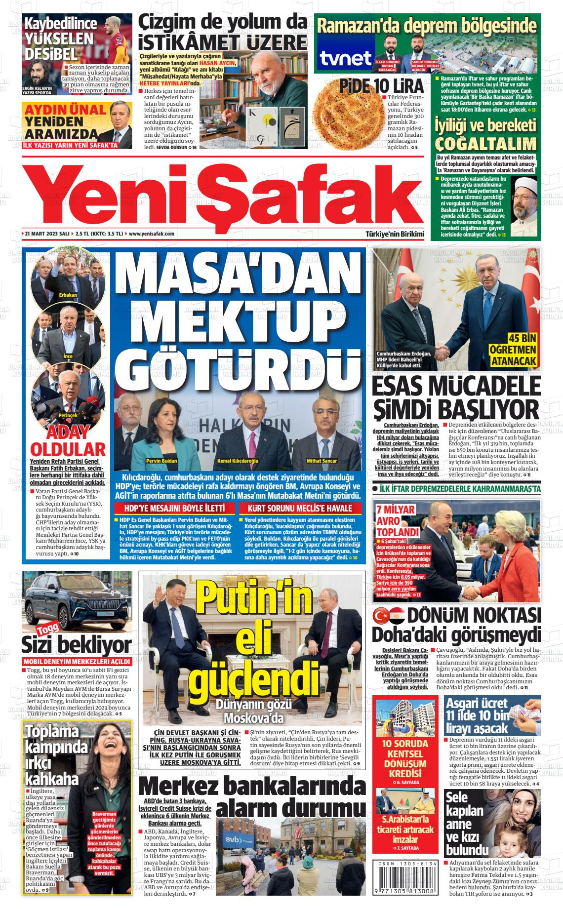 21 Mart 2023 Yeni Şafak Gazete Manşeti