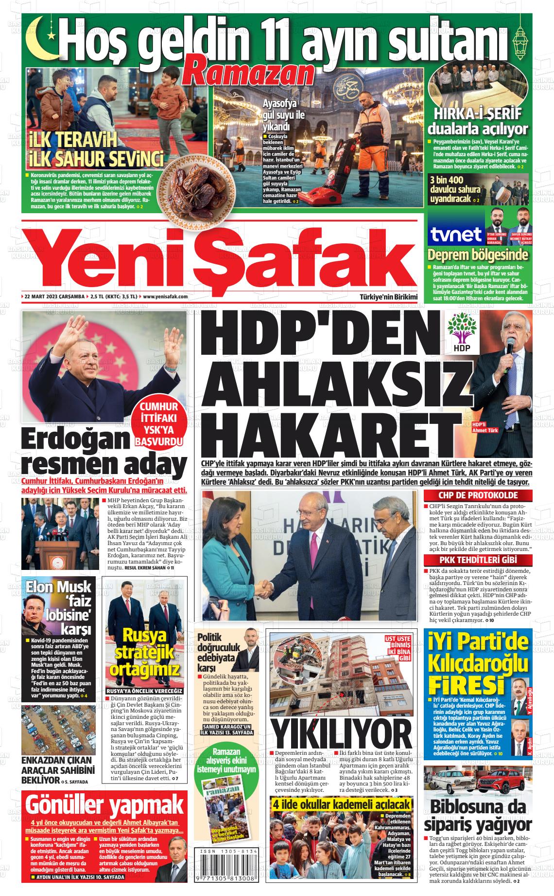 22 Mart 2023 Yeni Şafak Gazete Manşeti