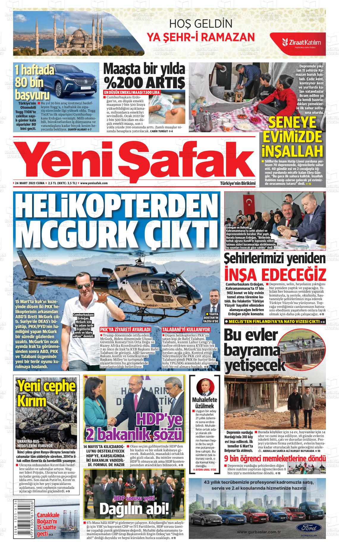 24 Mart 2023 Yeni Şafak Gazete Manşeti