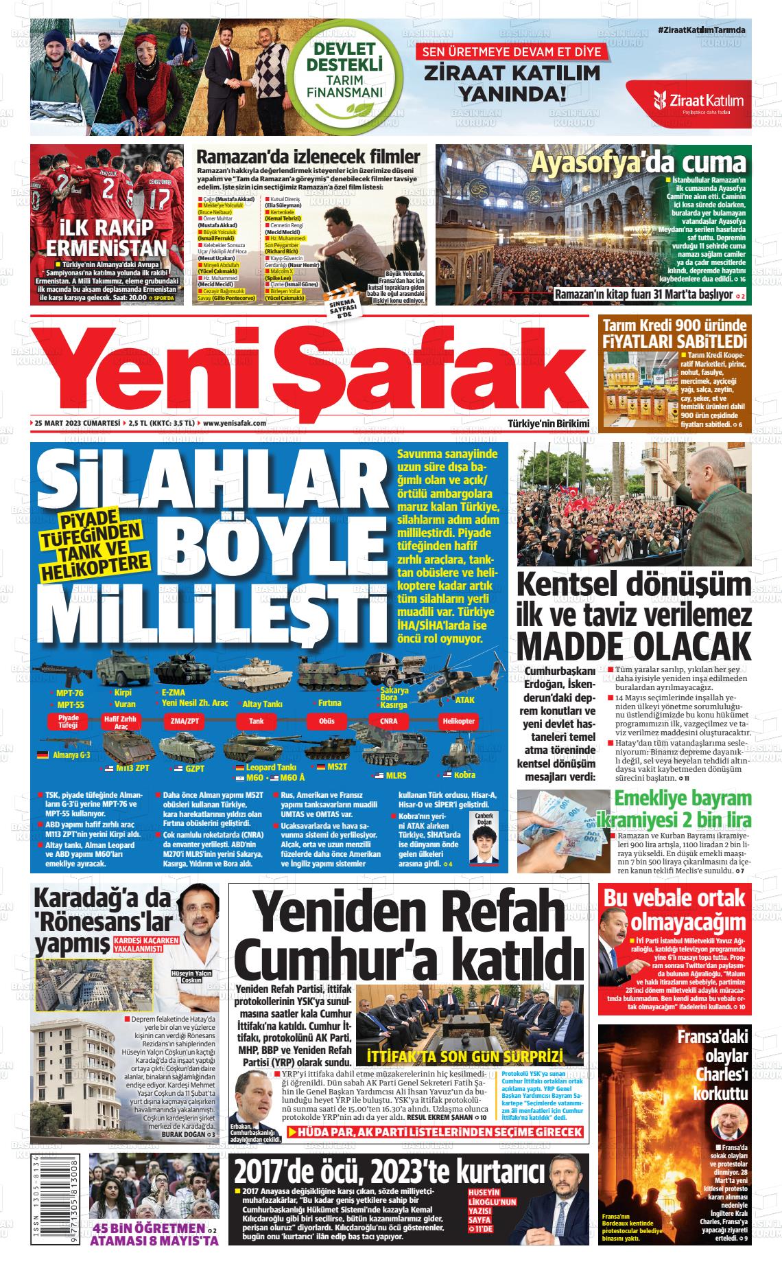 25 Mart 2023 Yeni Şafak Gazete Manşeti