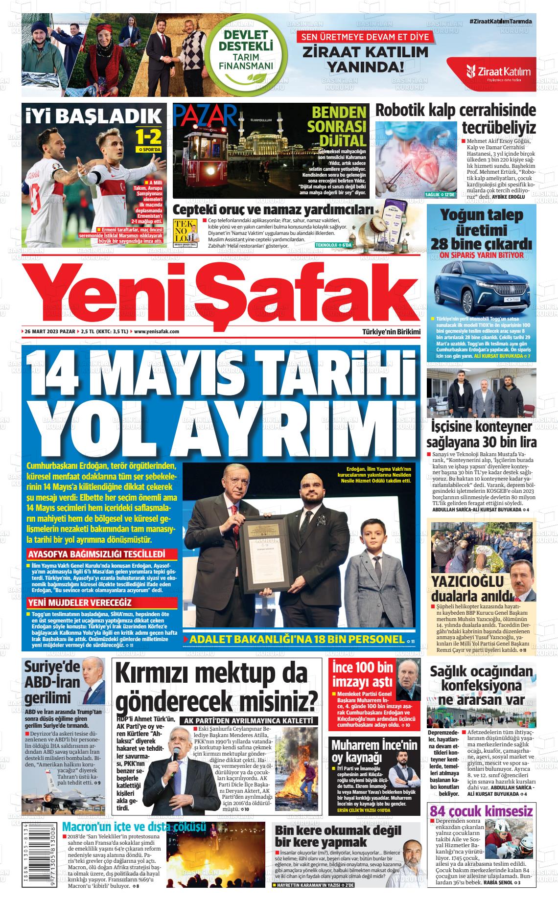 26 Mart 2023 Yeni Şafak Gazete Manşeti