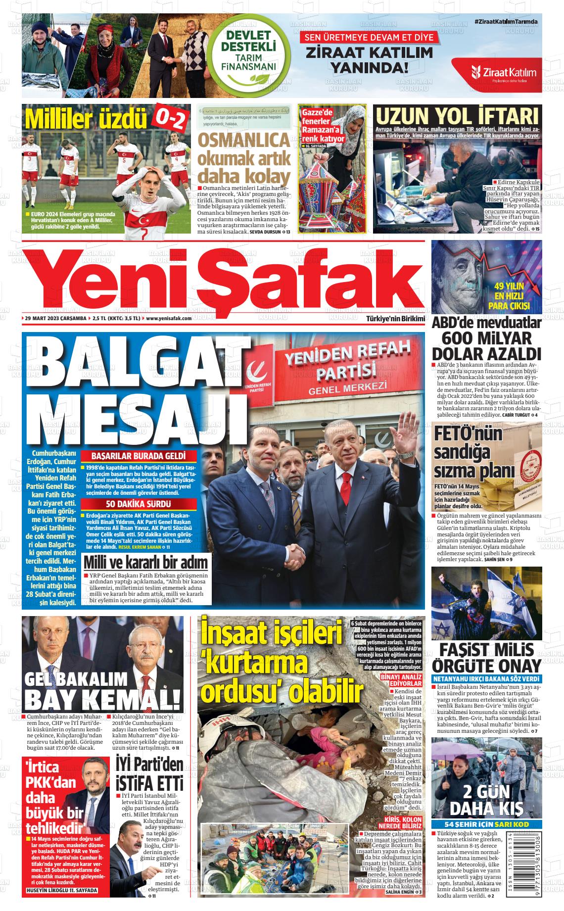 29 Mart 2023 Yeni Şafak Gazete Manşeti