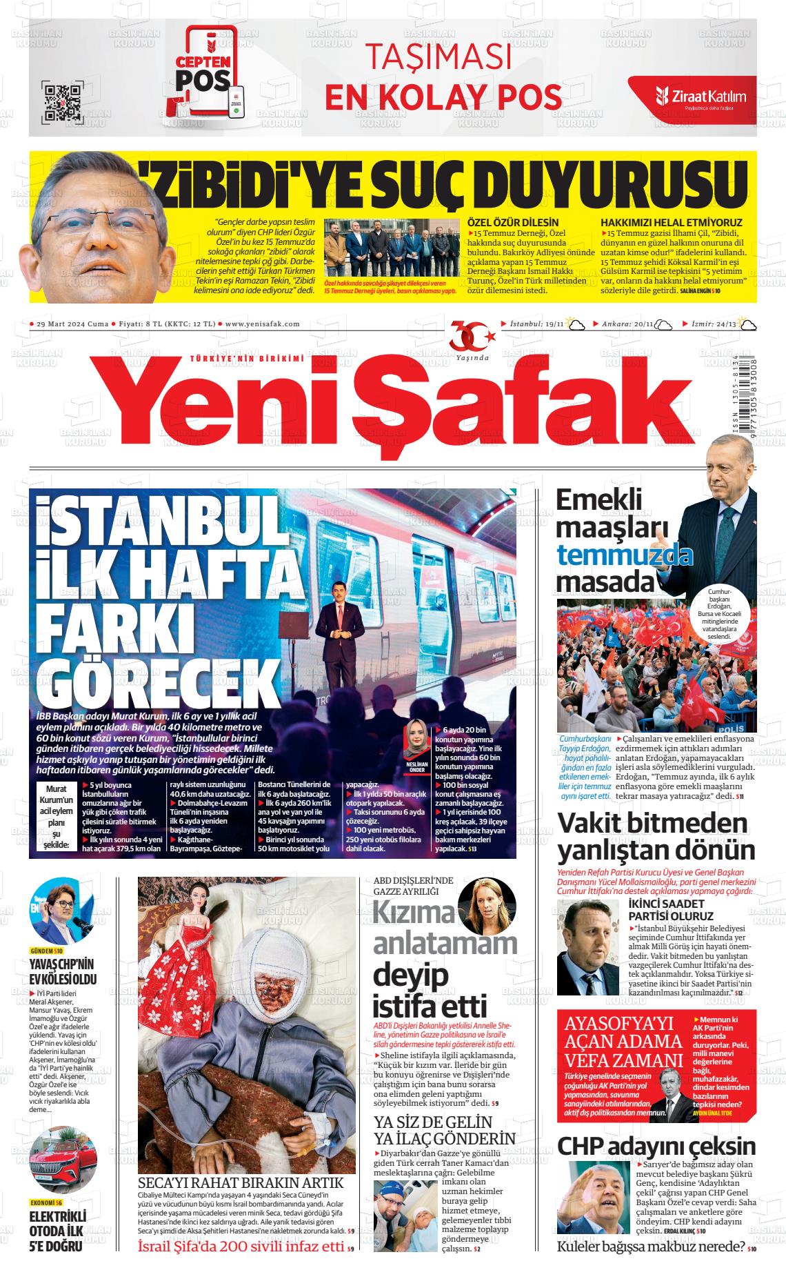 29 Mart 2024 Yeni Şafak Gazete Manşeti