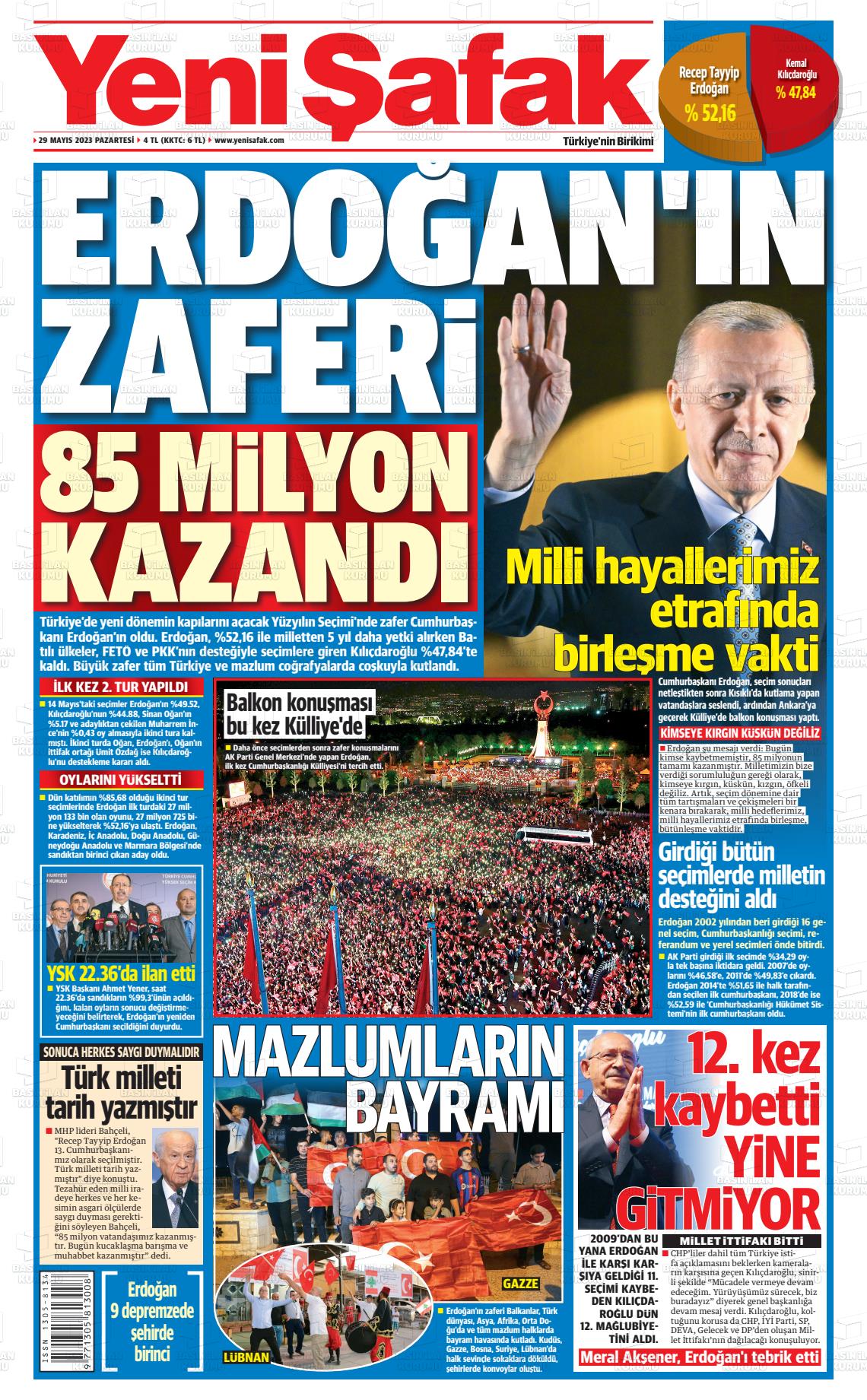 29 Mayıs 2023 Yeni Şafak Gazete Manşeti