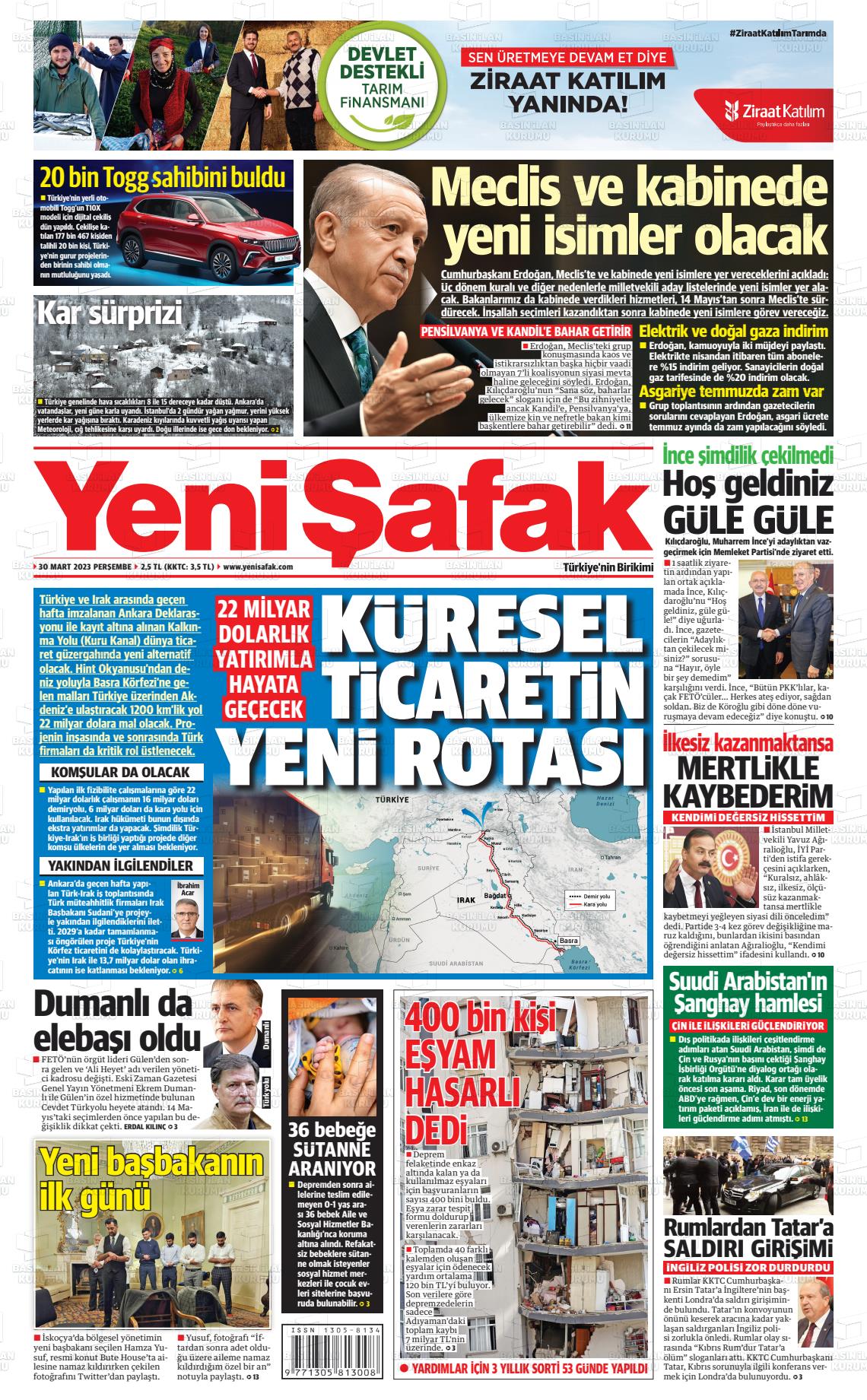 30 Mart 2023 Yeni Şafak Gazete Manşeti