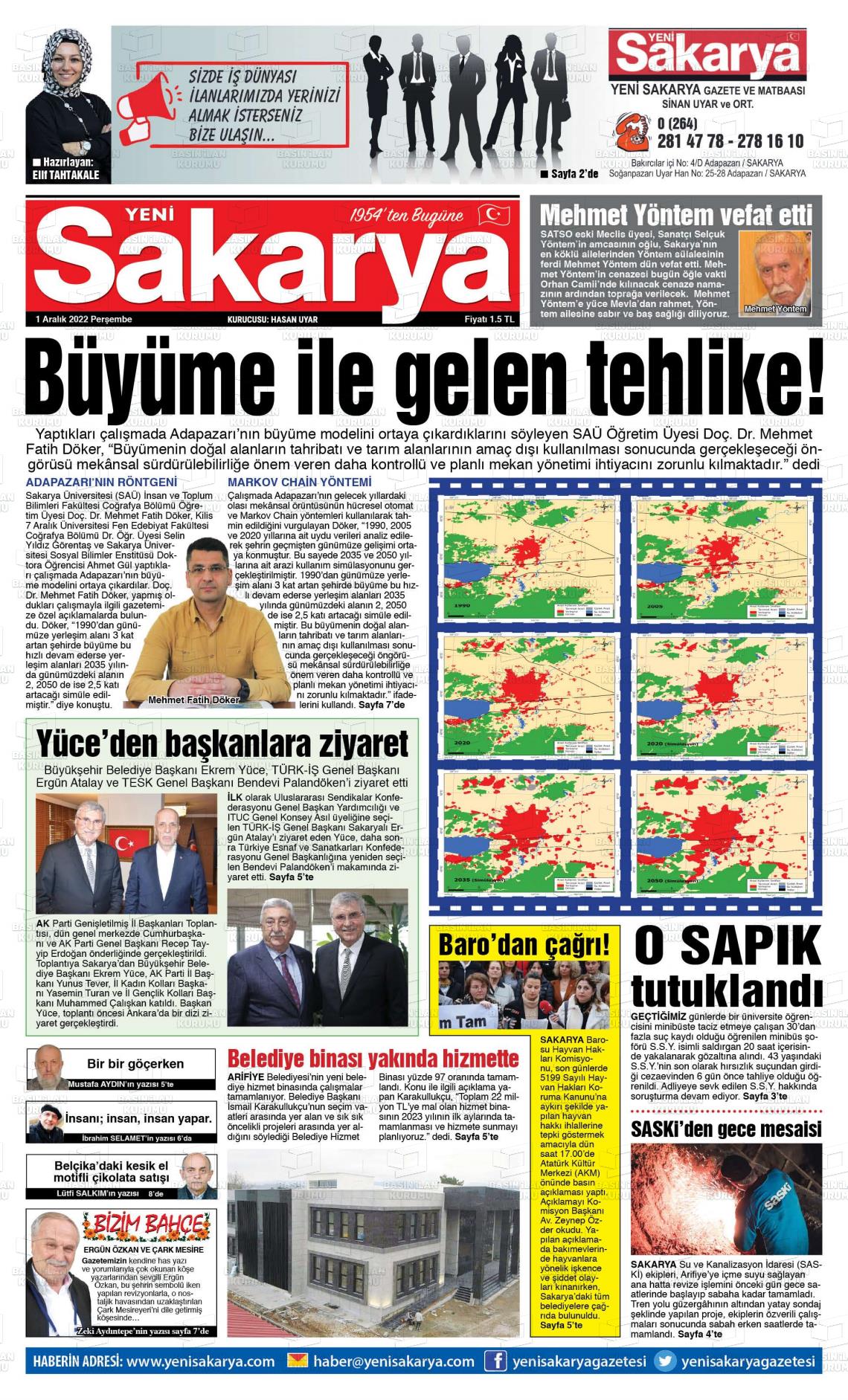 02 Aralık 2022 Yeni Sakarya Gazete Manşeti